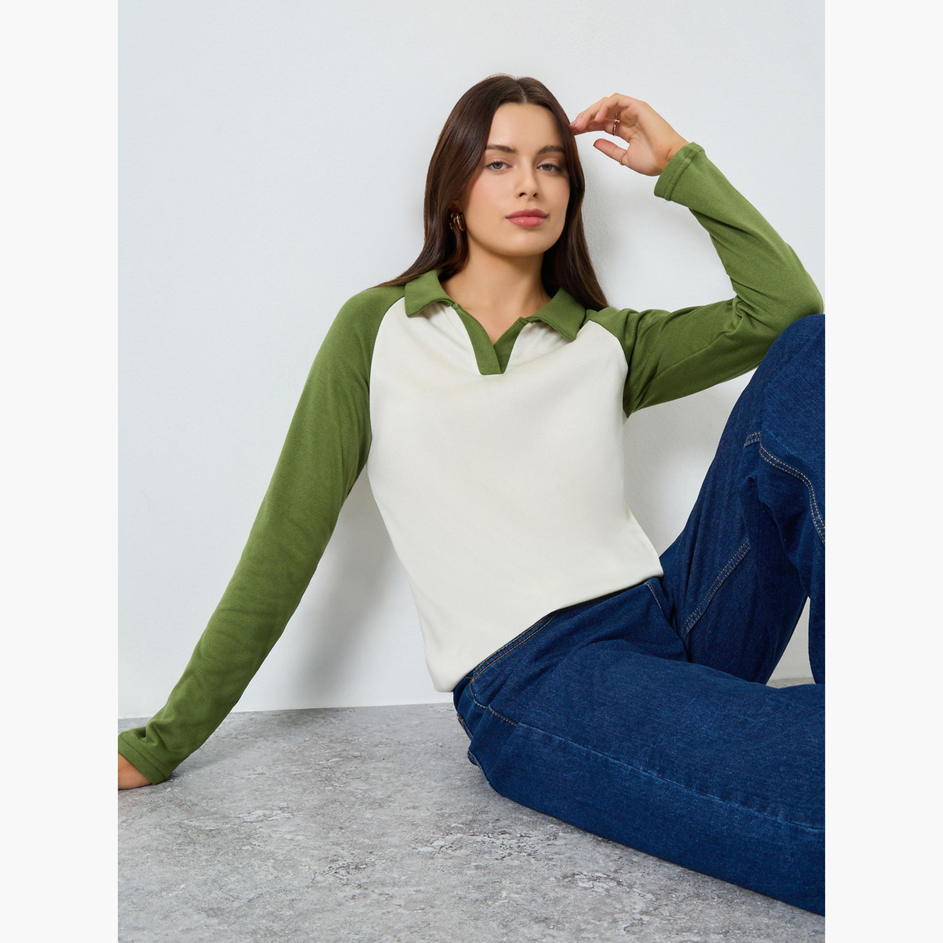 Styli Color Block Raglan Sleeve Polo T-Shirt-women-clothing-tshirts-image-1