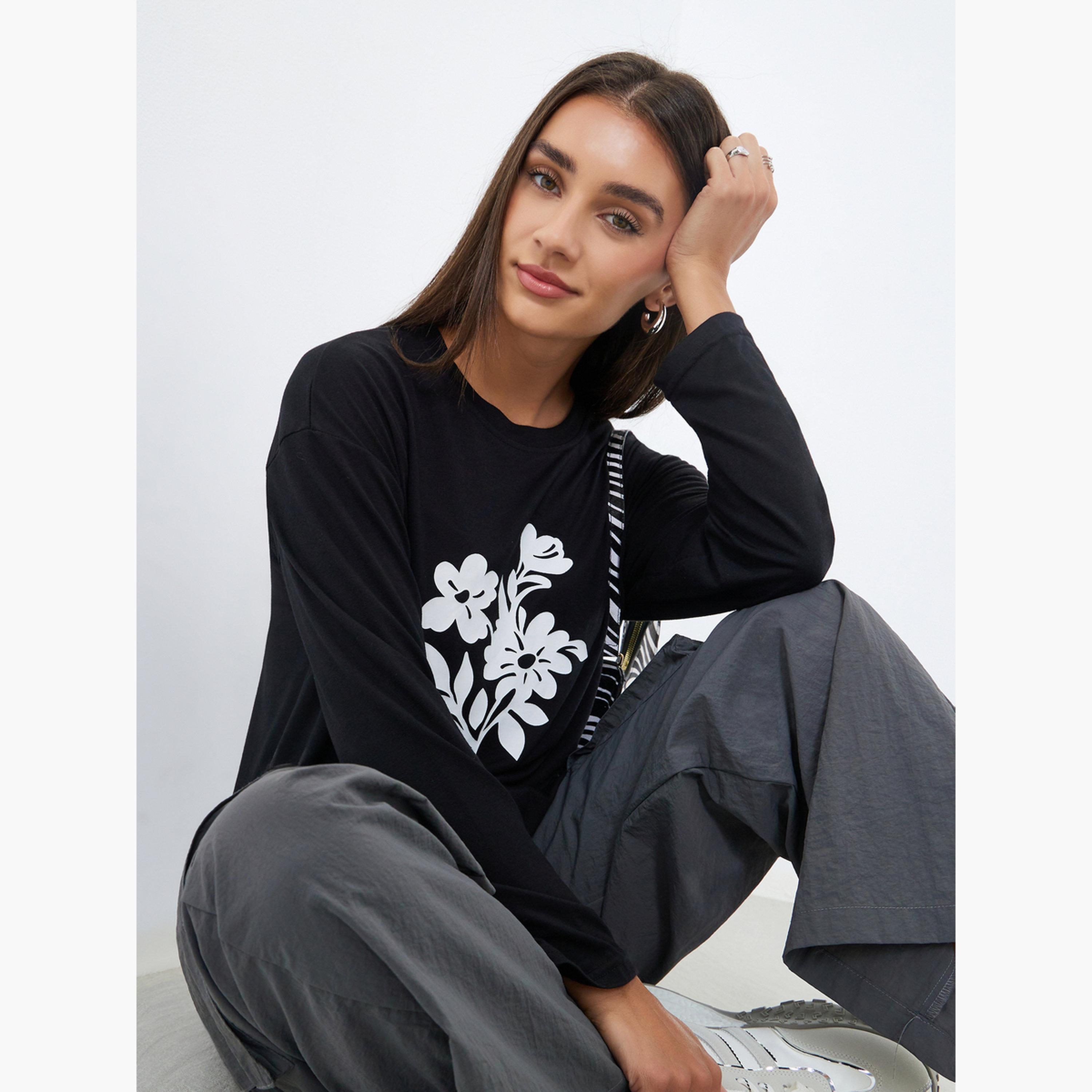 Styli Black Floral Graphic Long Sleeve T-Shirt-women-clothing-tshirts-image-1