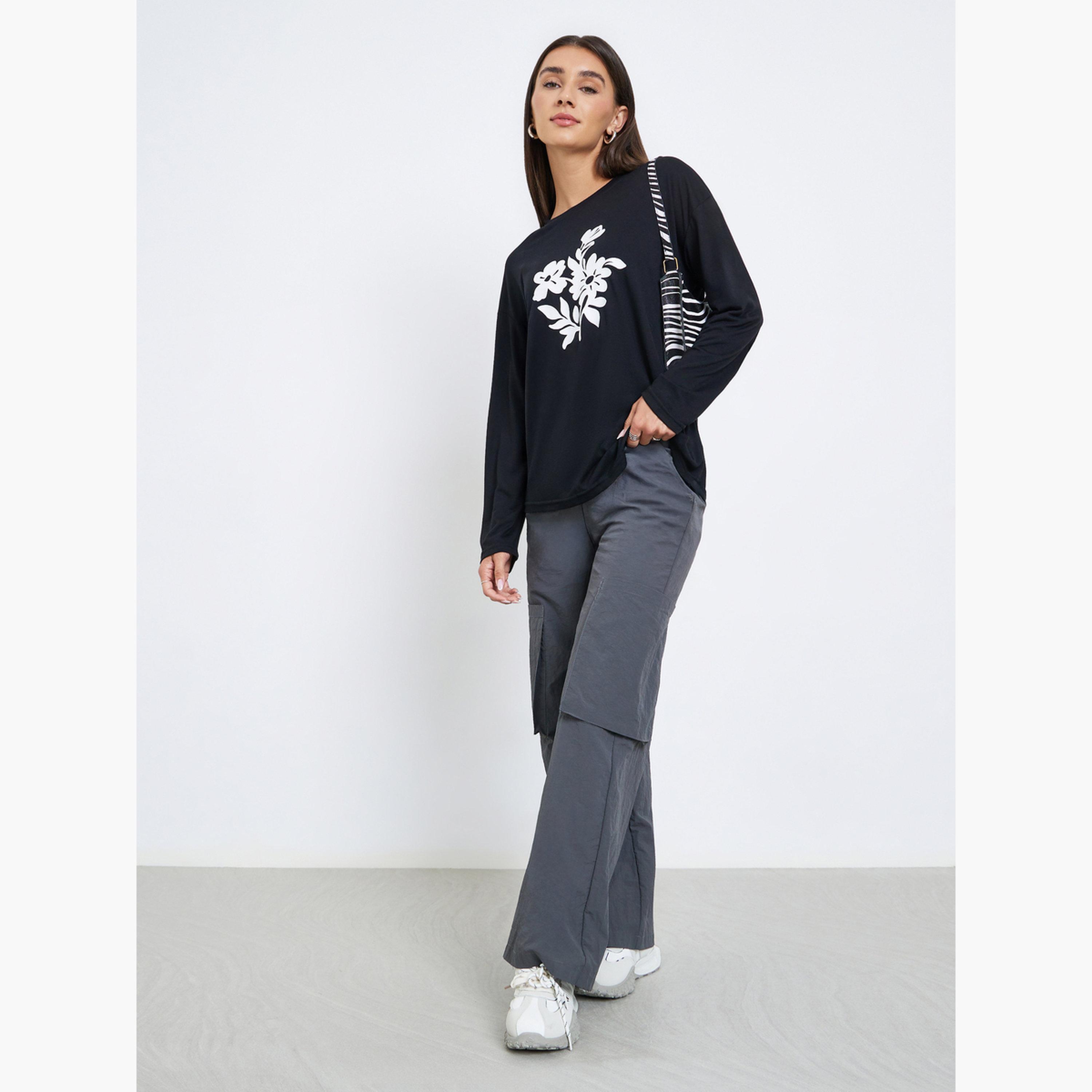 Styli Black Floral Graphic Long Sleeve T-Shirt-women-clothing-tshirts-image-2