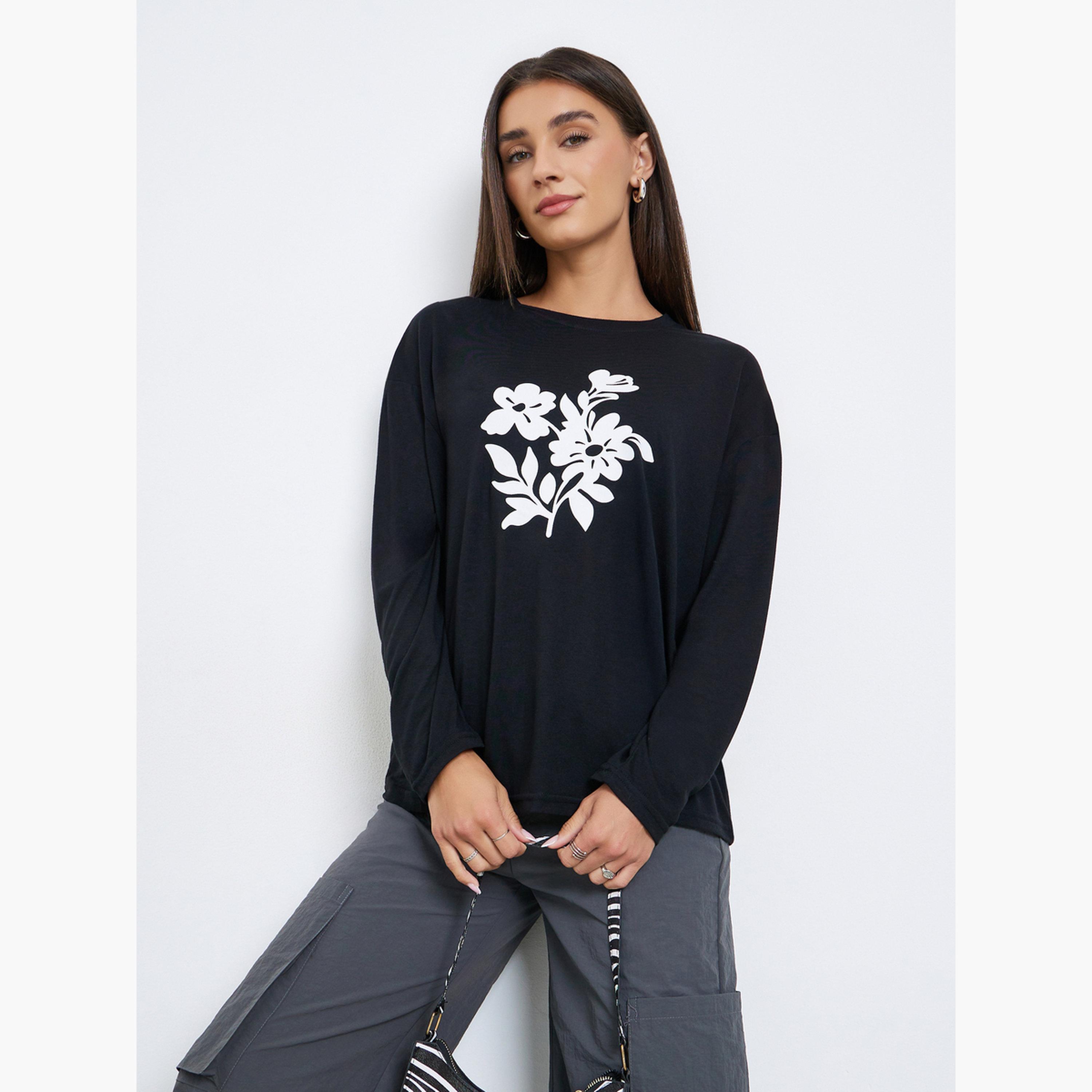 Styli Black Floral Graphic Long Sleeve T-Shirt-women-clothing-tshirts-image-3
