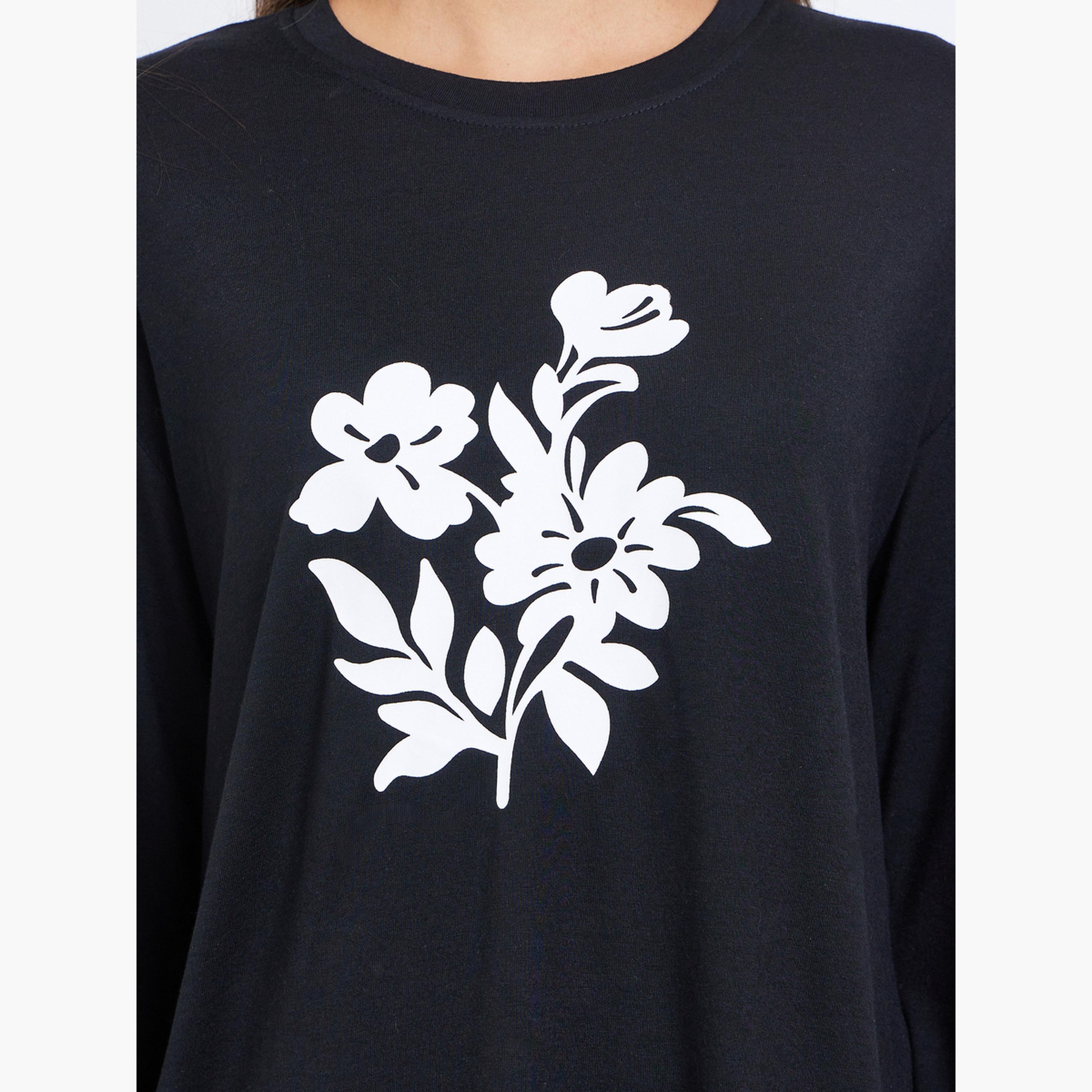 Styli Black Floral Graphic Long Sleeve T-Shirt-women-clothing-tshirts-image-4