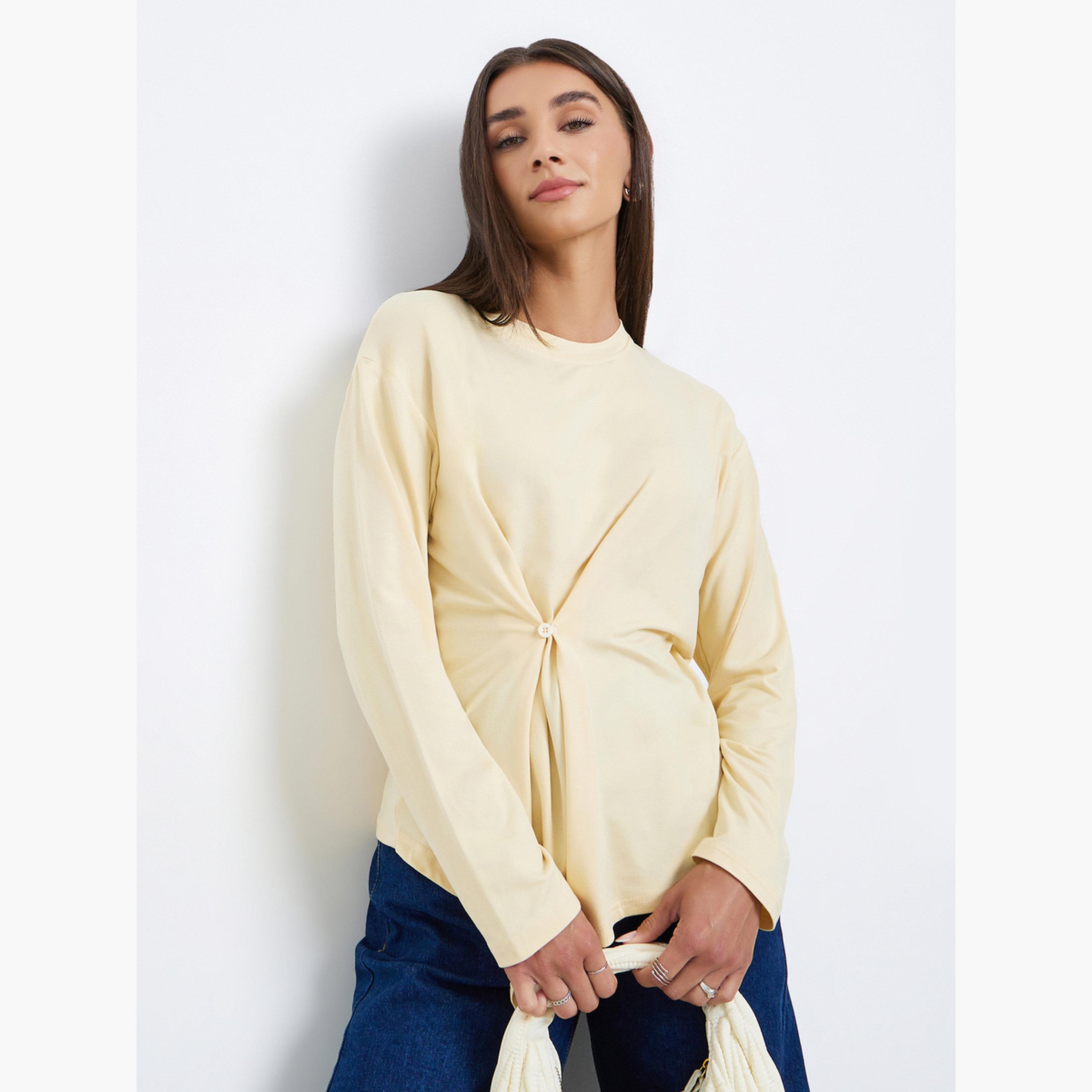 Styli Beige Long Sleeve Wrap Top with Button Detail-women-clothing-shirtsandblouses-blouses-image-1