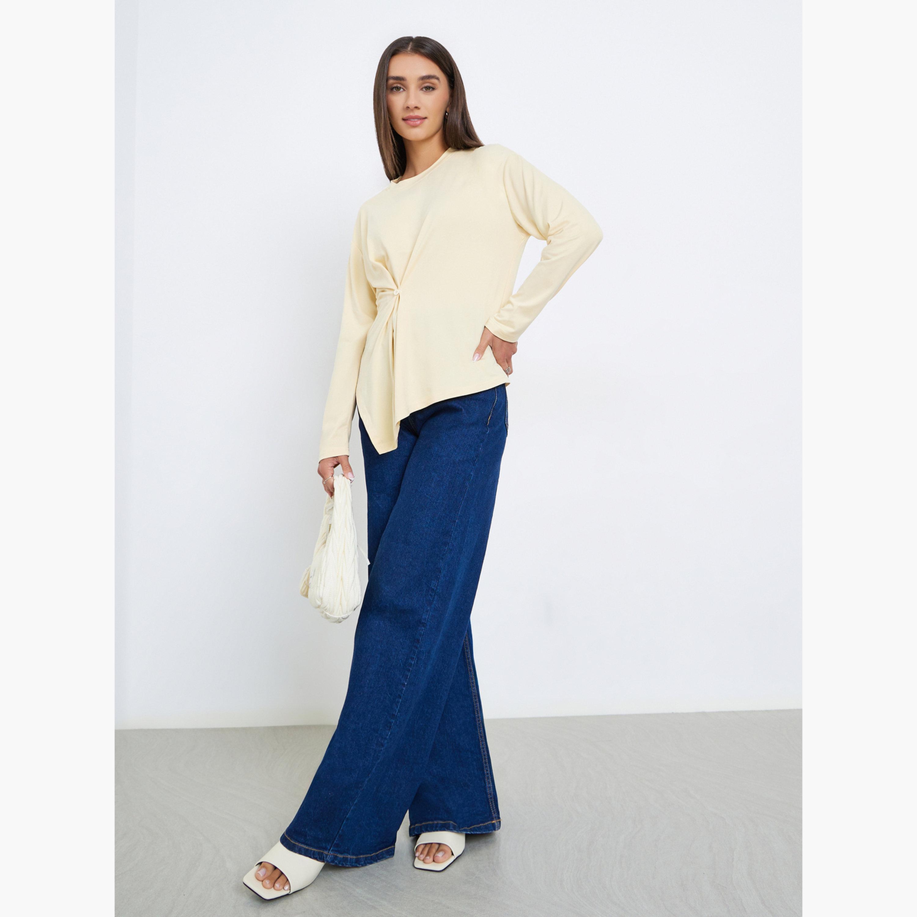 Styli Beige Long Sleeve Wrap Top with Button Detail-women-clothing-shirtsandblouses-blouses-image-2