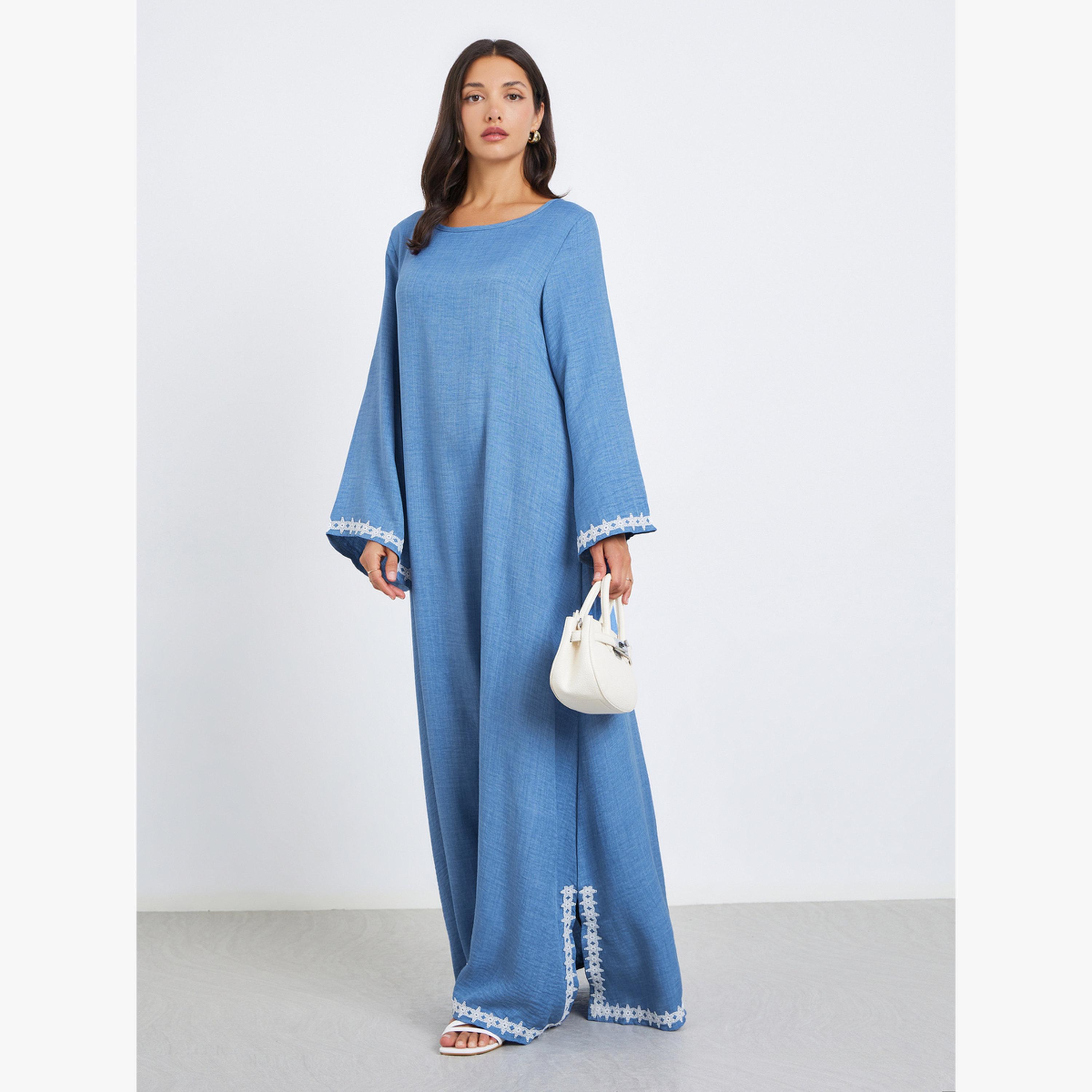 Styli Women Blue Lace Trim Slit Hem Jalabiya-women-arabicclothing-jalabiyas-image-1