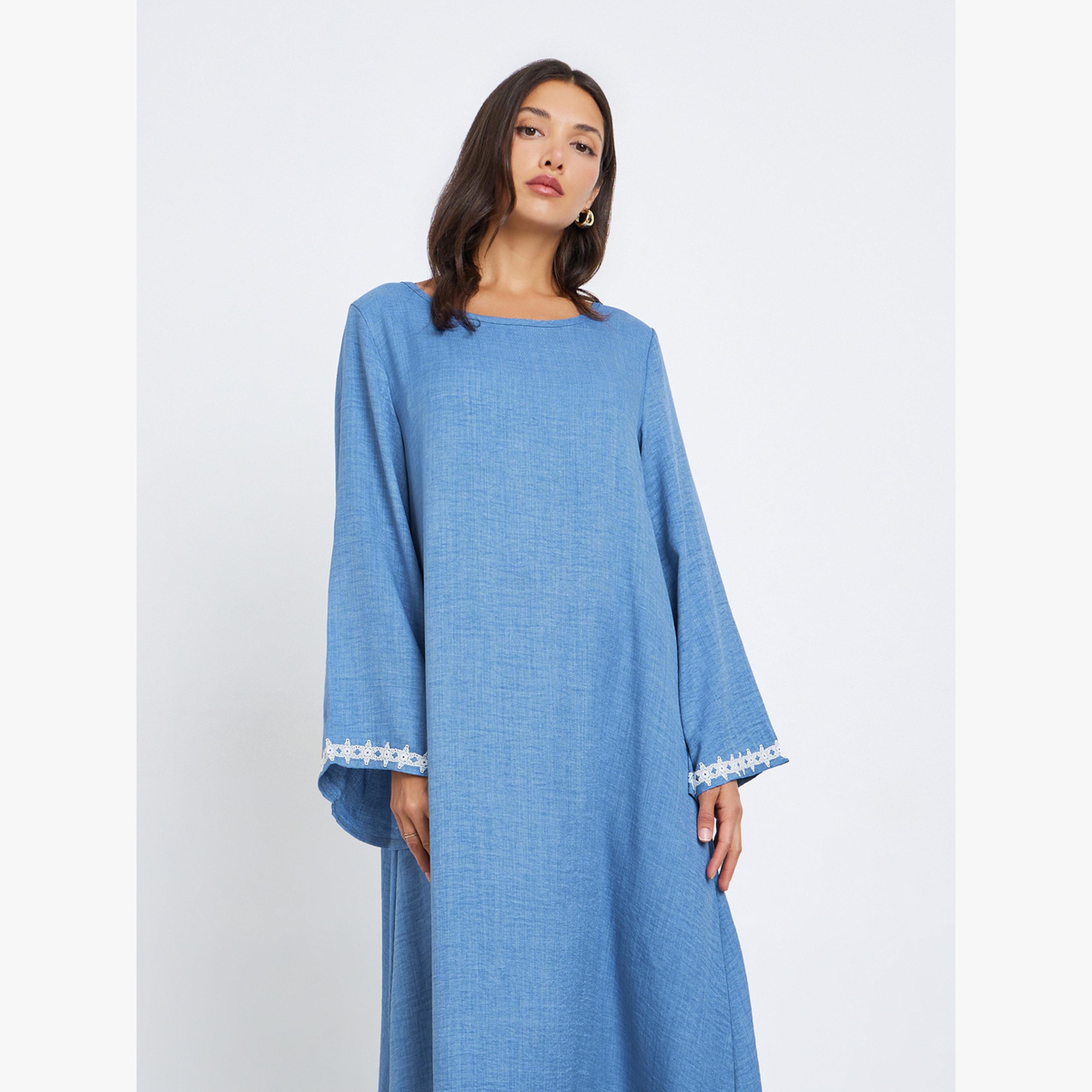 Styli Women Blue Lace Trim Slit Hem Jalabiya-women-arabicclothing-jalabiyas-image-2