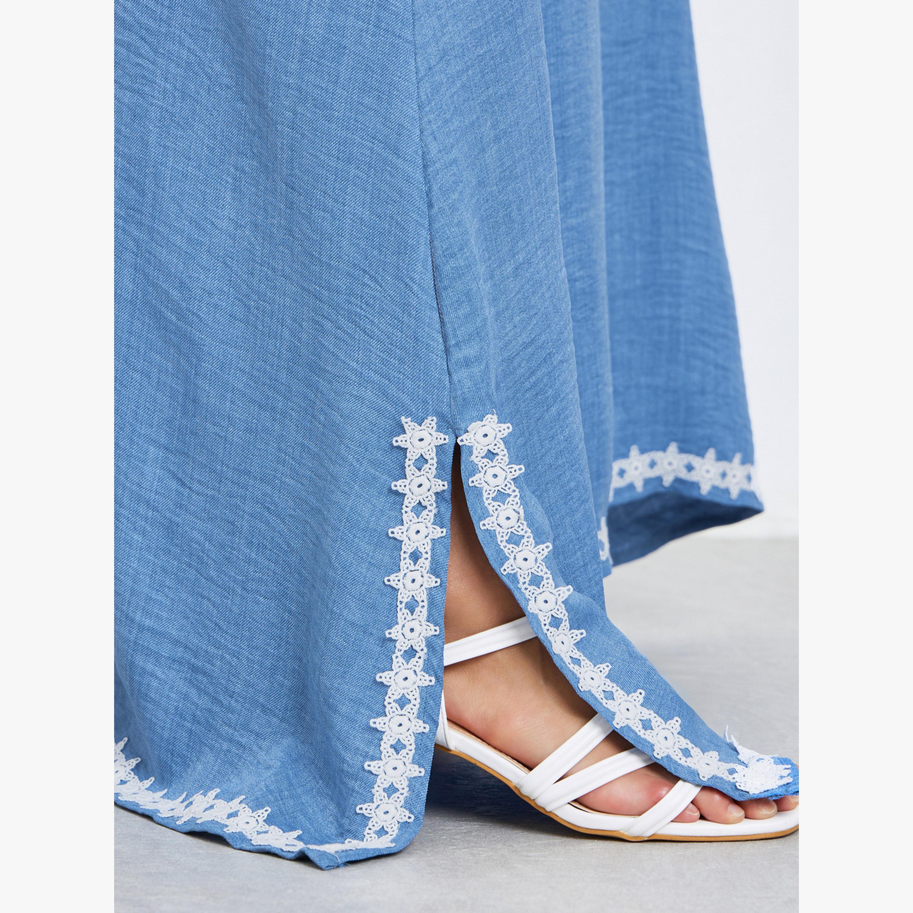 Styli Women Blue Lace Trim Slit Hem Jalabiya-women-arabicclothing-jalabiyas-image-5