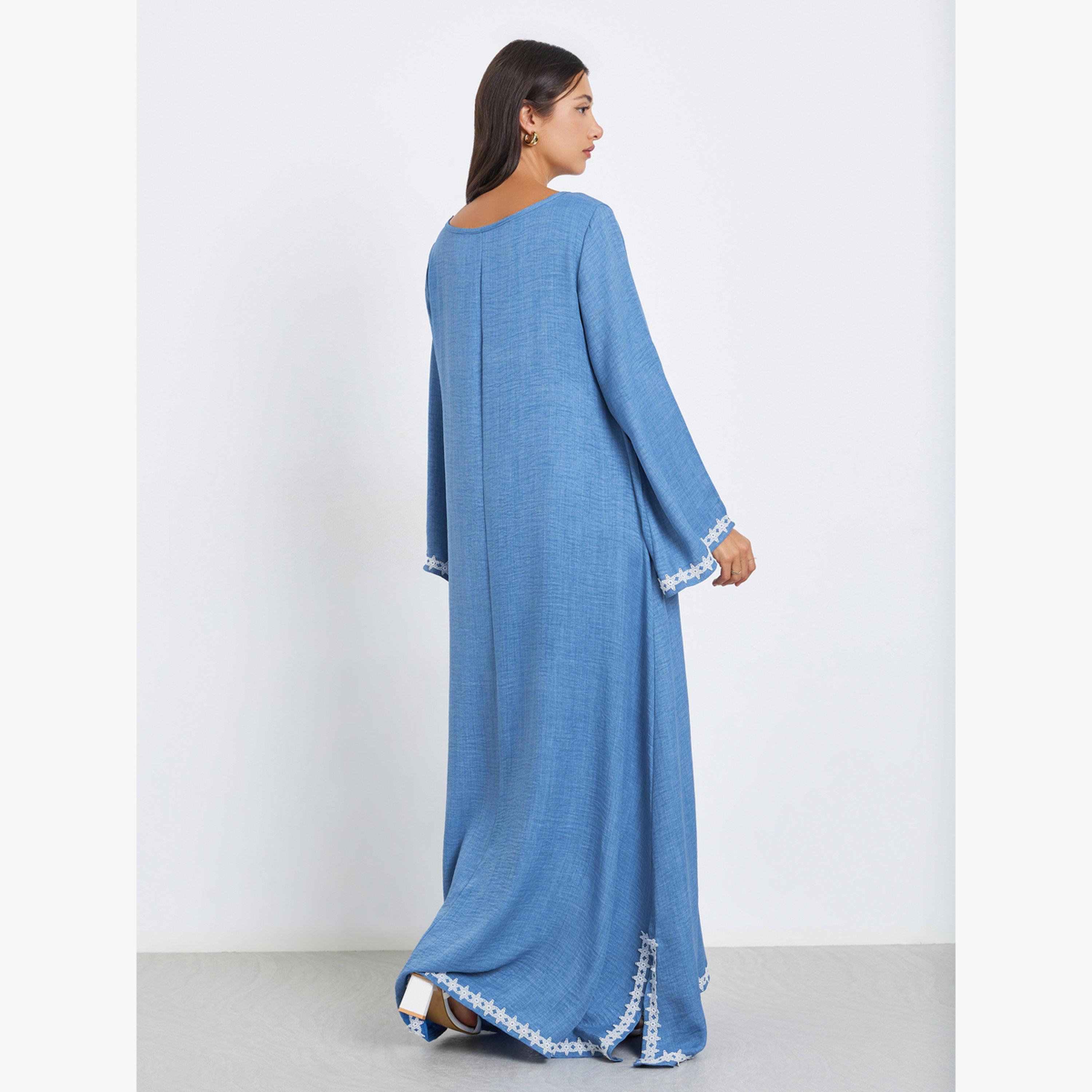 Styli Women Blue Lace Trim Slit Hem Jalabiya-women-arabicclothing-jalabiyas-image-6
