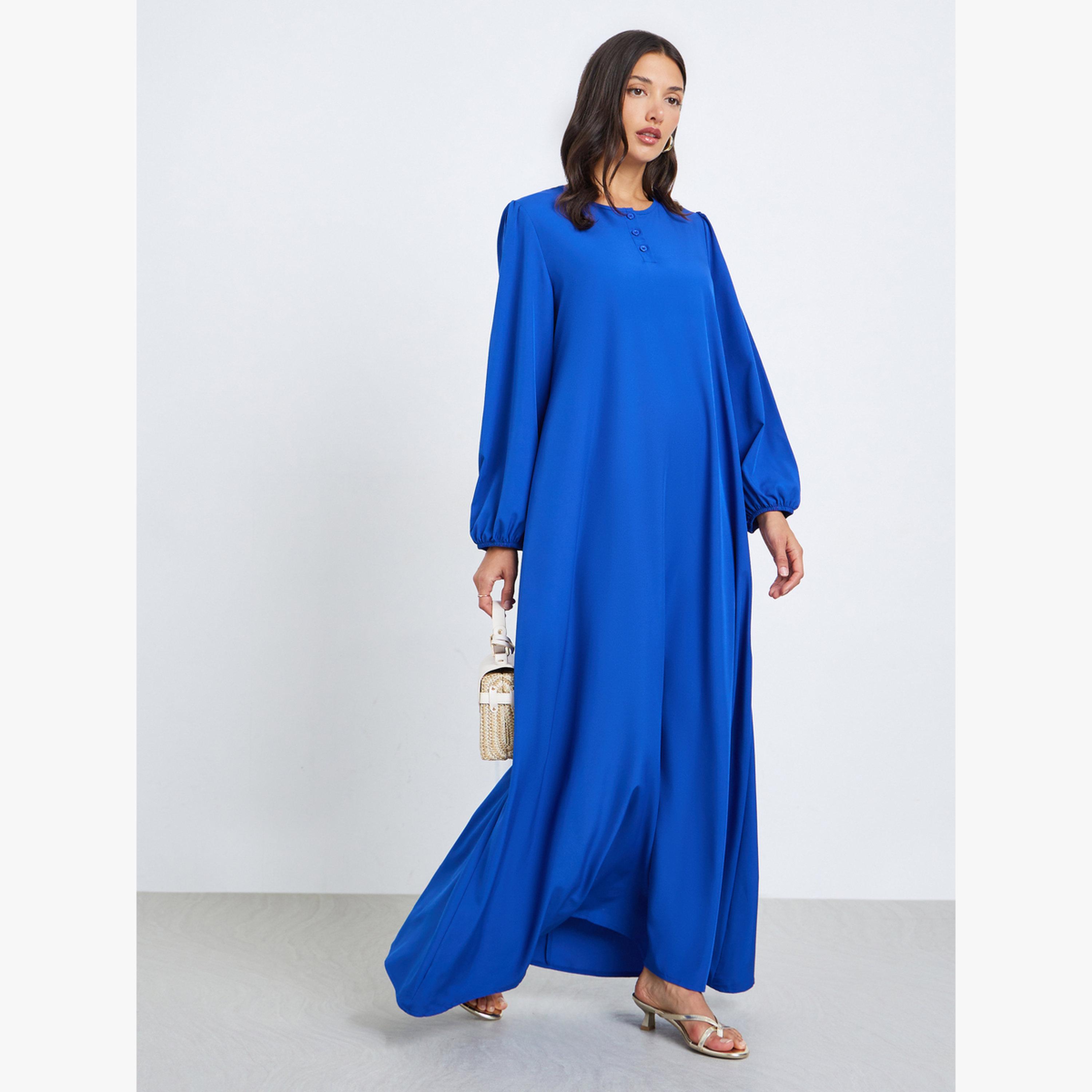 Styli Women Blue Balloon Sleeve Front Buttoned Jalabiya-women-arabicclothing-jalabiyas-image-1