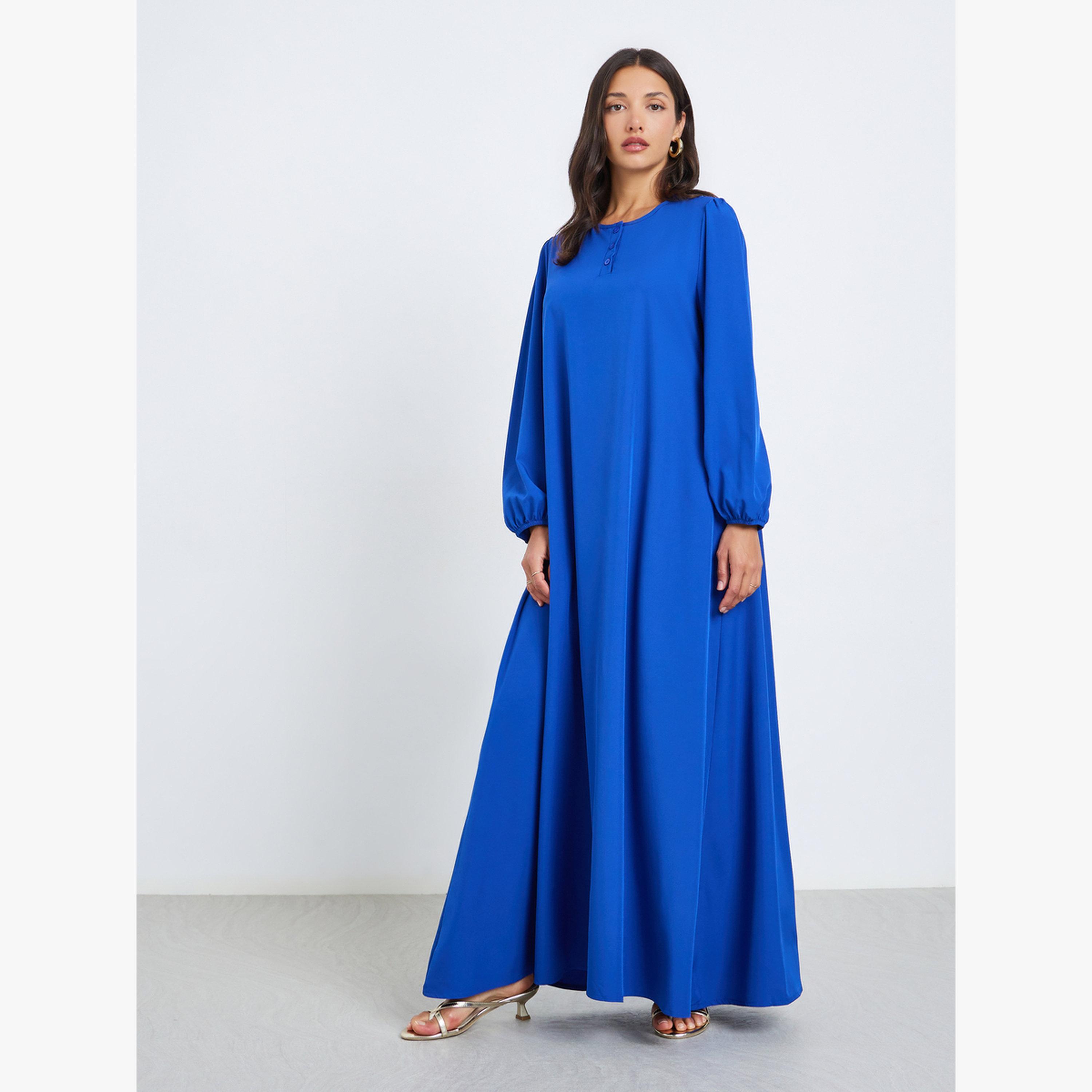 Styli Women Blue Balloon Sleeve Front Buttoned Jalabiya-women-arabicclothing-jalabiyas-image-3