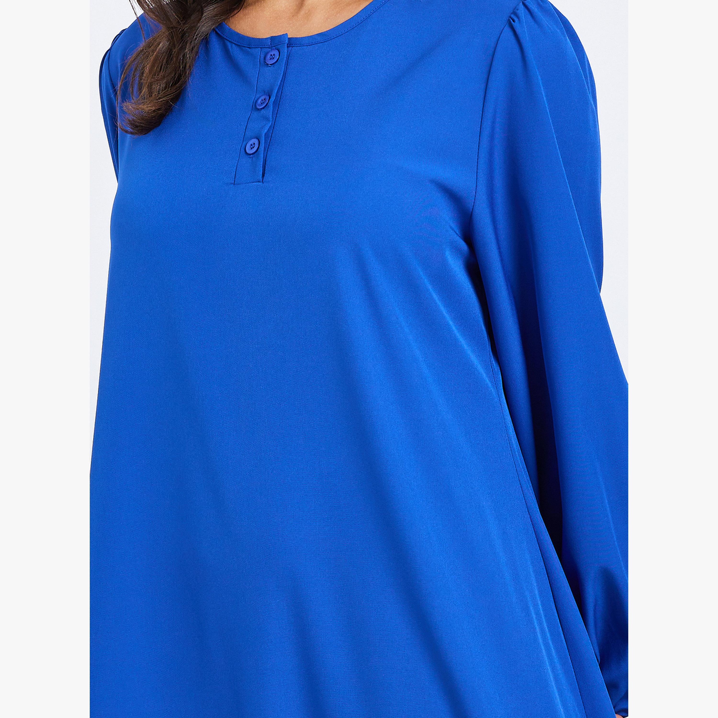 Styli Women Blue Balloon Sleeve Front Buttoned Jalabiya-women-arabicclothing-jalabiyas-image-4