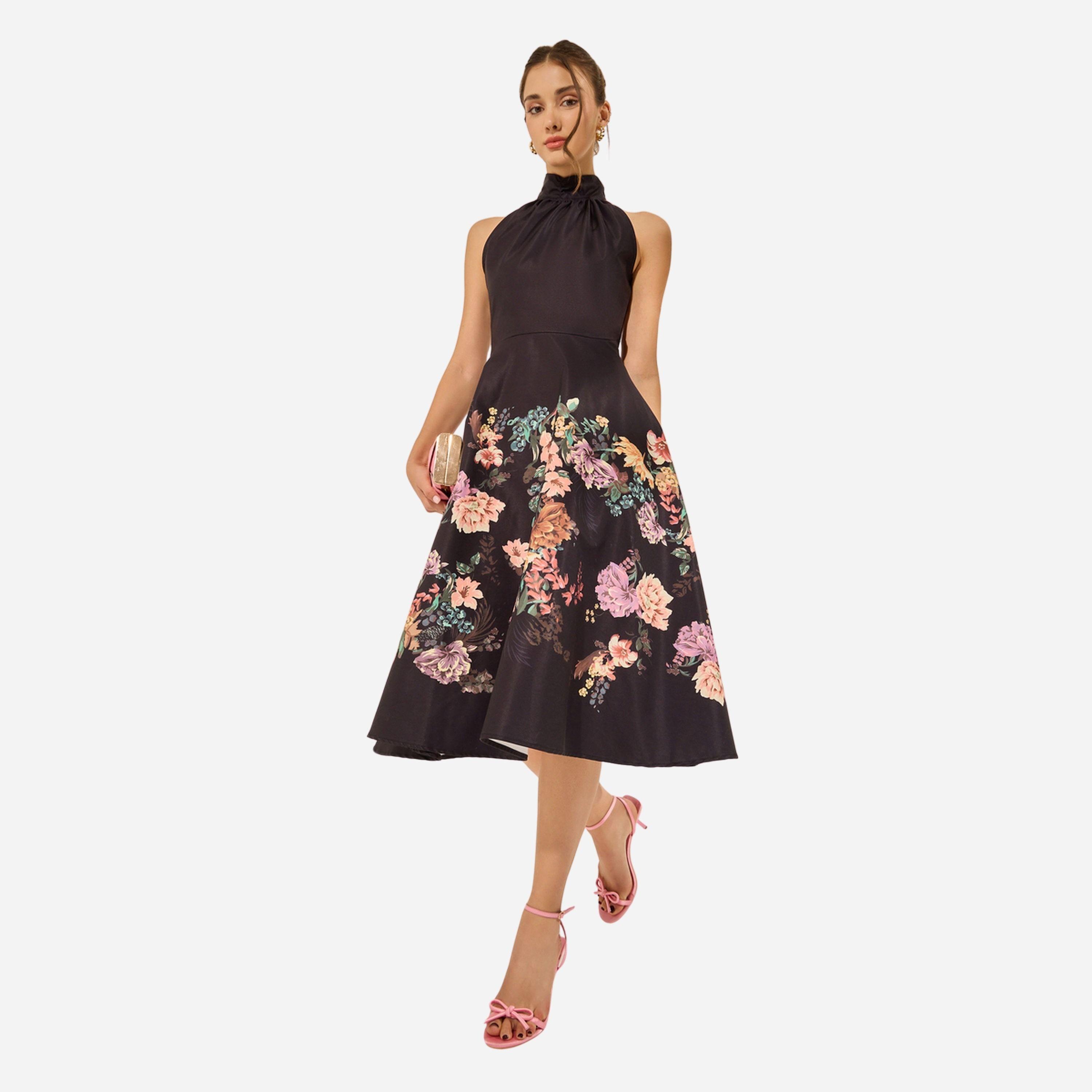 ستايلي - فستان متوسط الطول بدون أكمام ياقة تعليق وطبعة زهور-women-clothing-dresses-image-1