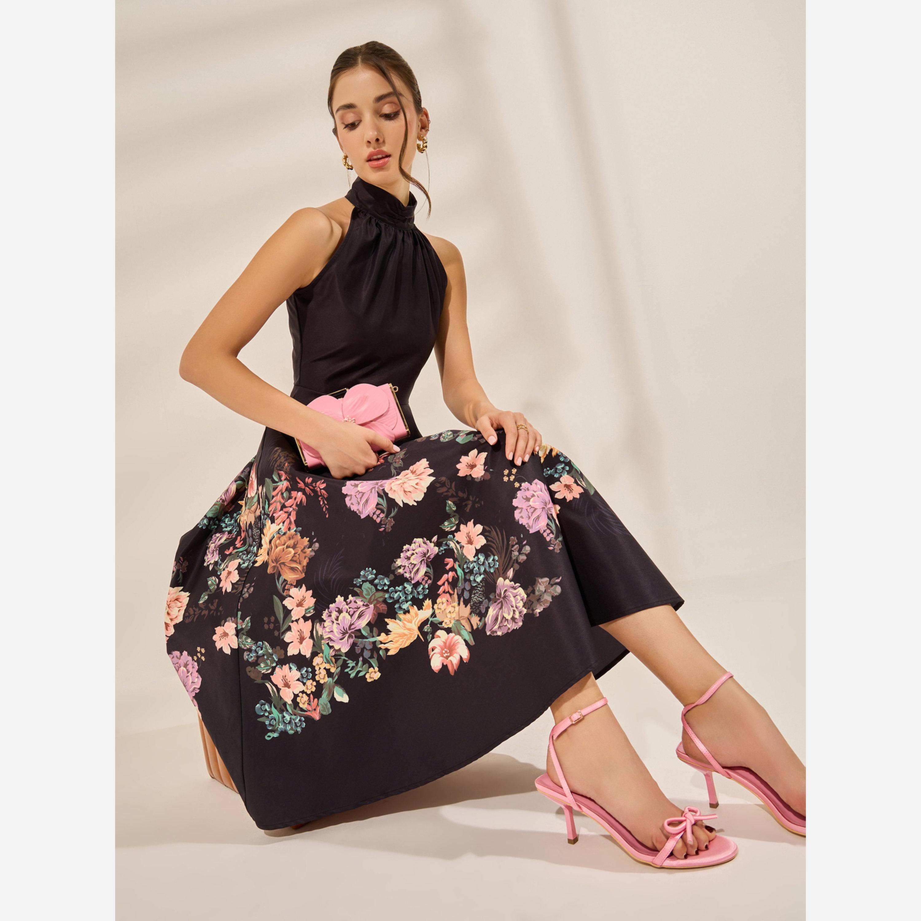 ستايلي - فستان متوسط الطول بدون أكمام ياقة تعليق وطبعة زهور-women-clothing-dresses-image-2