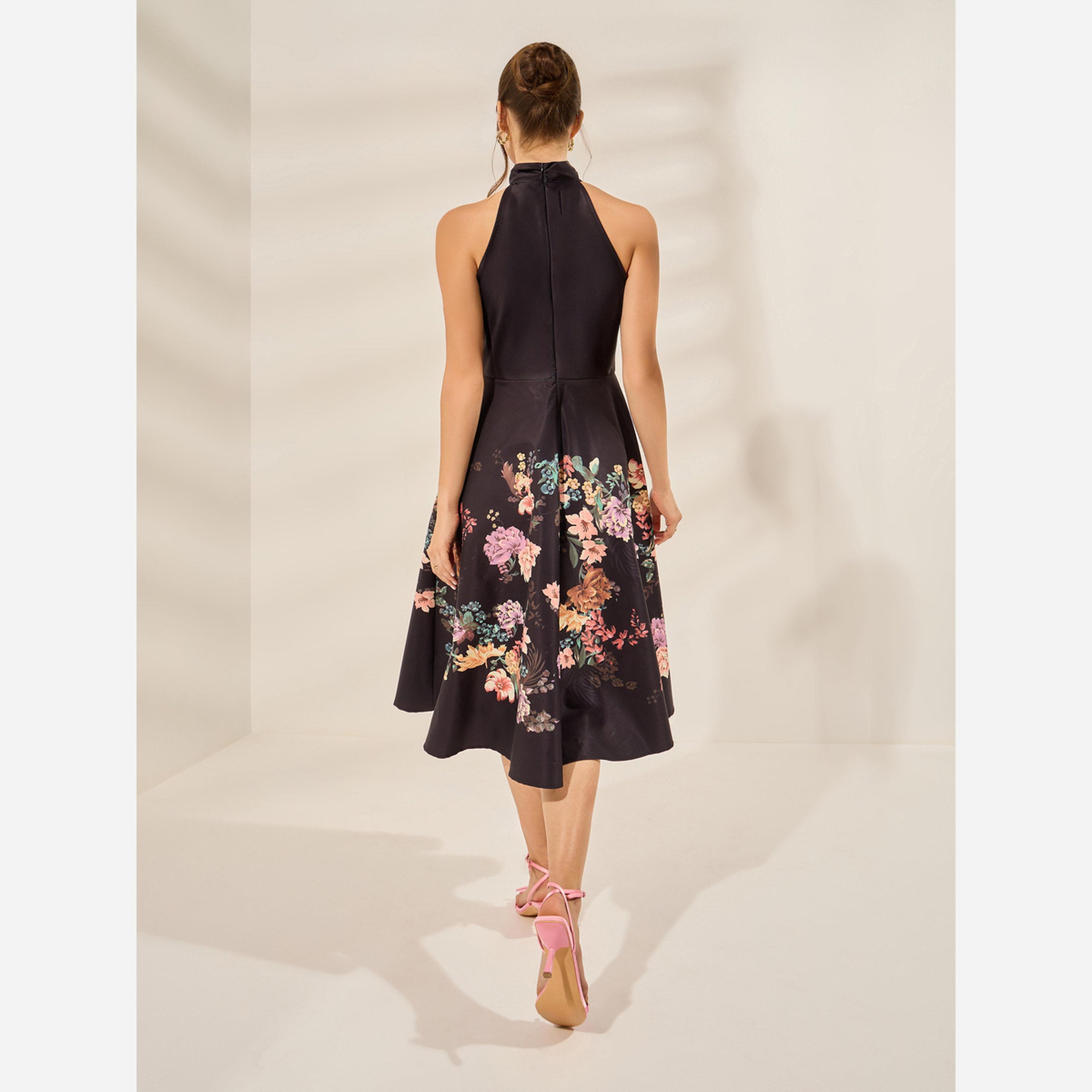 ستايلي - فستان متوسط الطول بدون أكمام ياقة تعليق وطبعة زهور-women-clothing-dresses-image-3