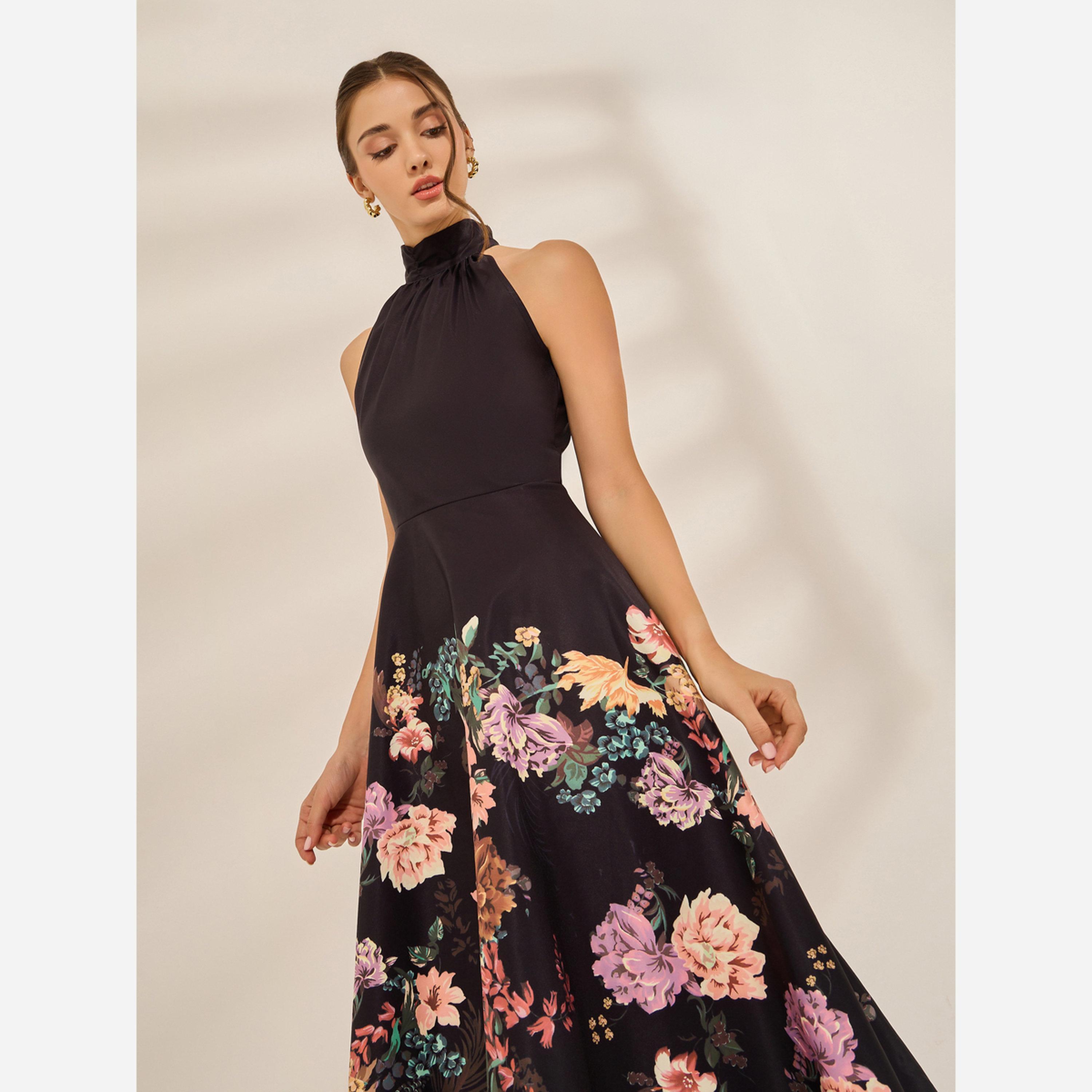 ستايلي - فستان متوسط الطول بدون أكمام ياقة تعليق وطبعة زهور-women-clothing-dresses-image-4
