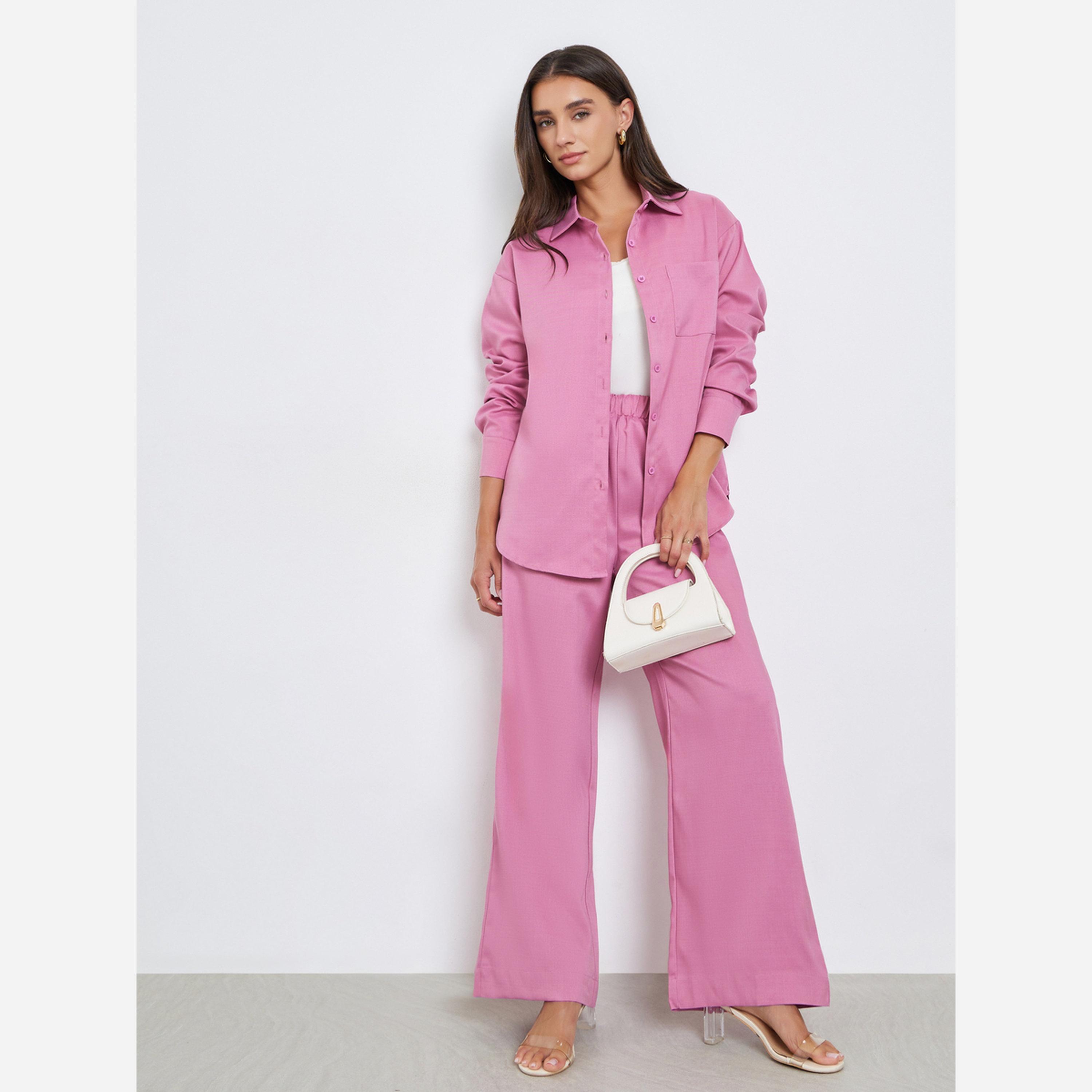ستايلي - طقم قميص وردي كاجوال وبنطال واسع الساقين-women-clothing-coordsets-image-1