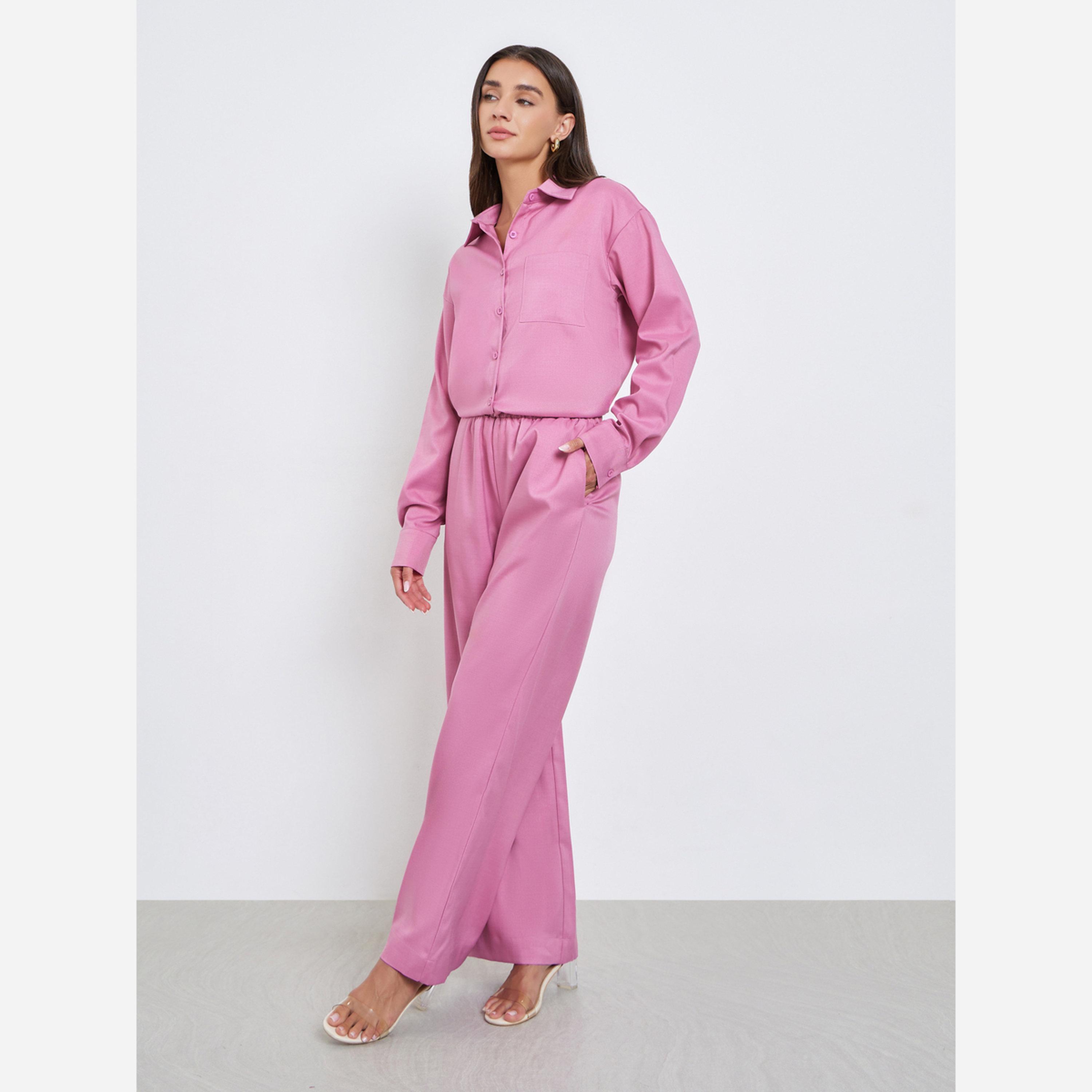 ستايلي - طقم قميص وردي كاجوال وبنطال واسع الساقين-women-clothing-coordsets-image-2