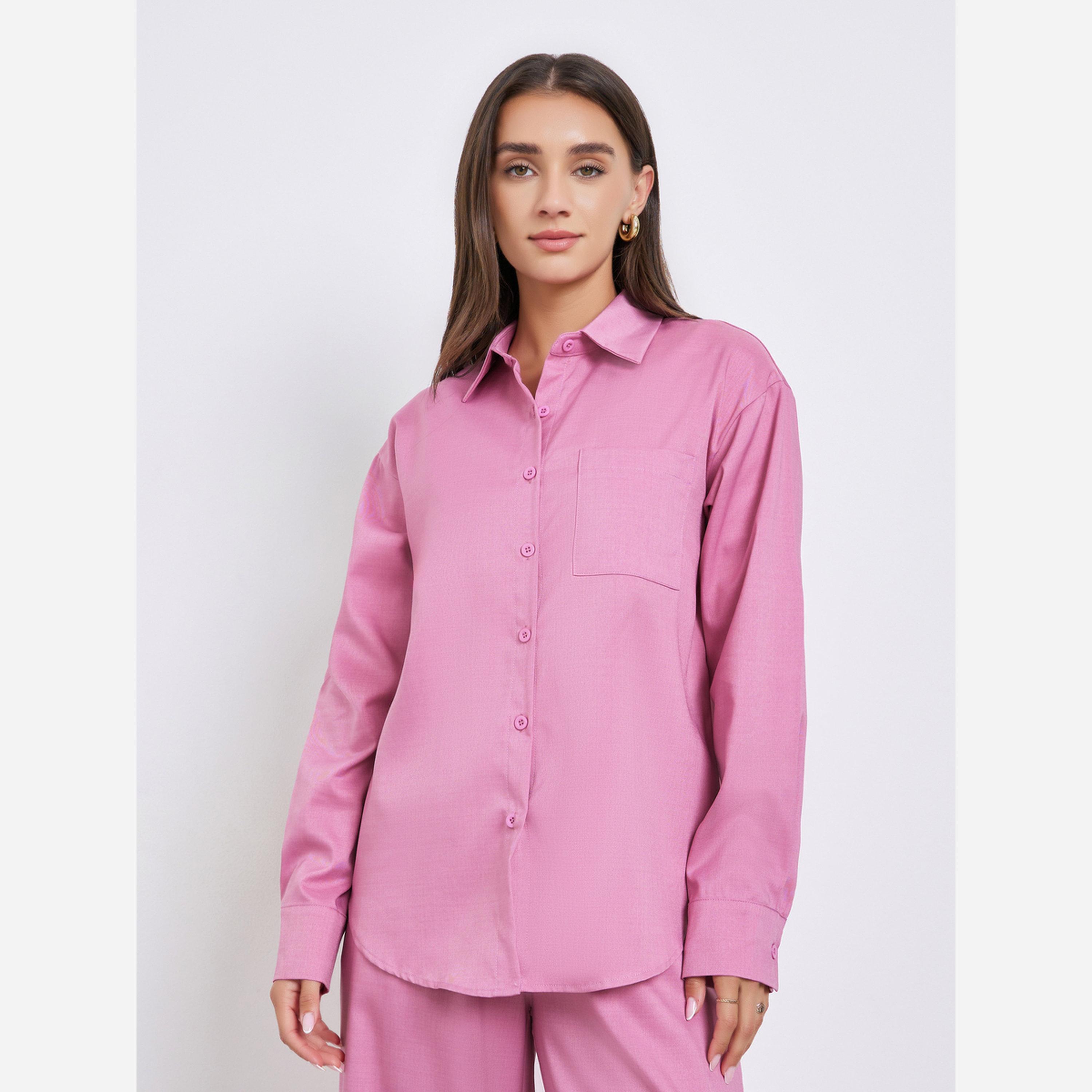 ستايلي - طقم قميص وردي كاجوال وبنطال واسع الساقين-women-clothing-coordsets-image-3