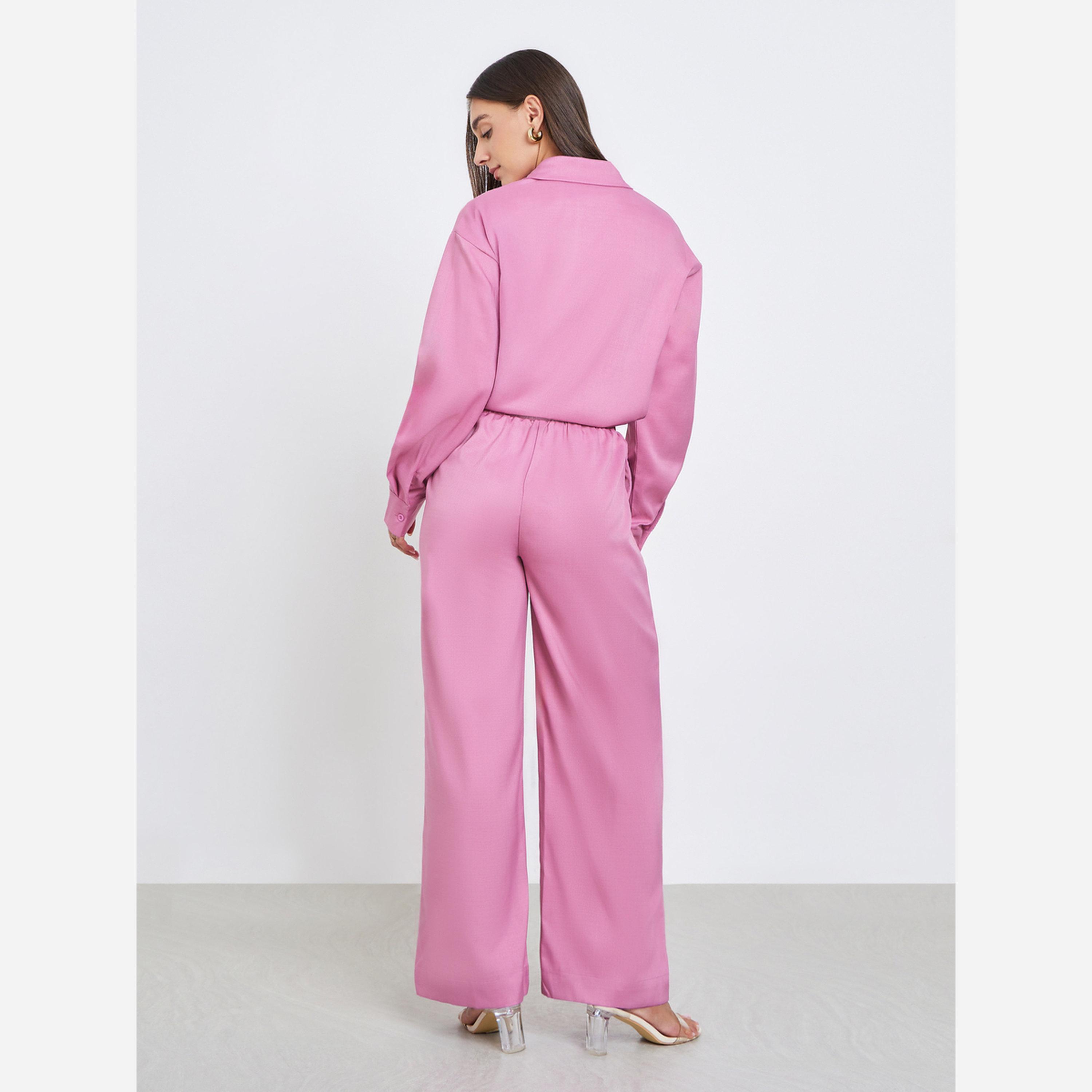 ستايلي - طقم قميص وردي كاجوال وبنطال واسع الساقين-women-clothing-coordsets-image-6