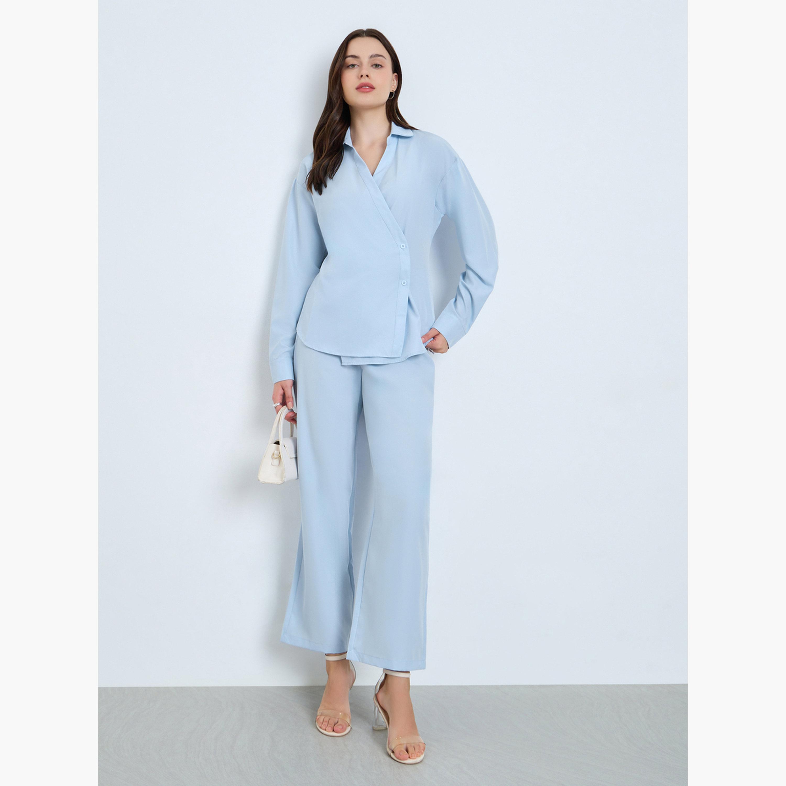 Styli Blue Wrap Front Shirt and Trousers Co-Ords-women-clothing-coordsets-image-1