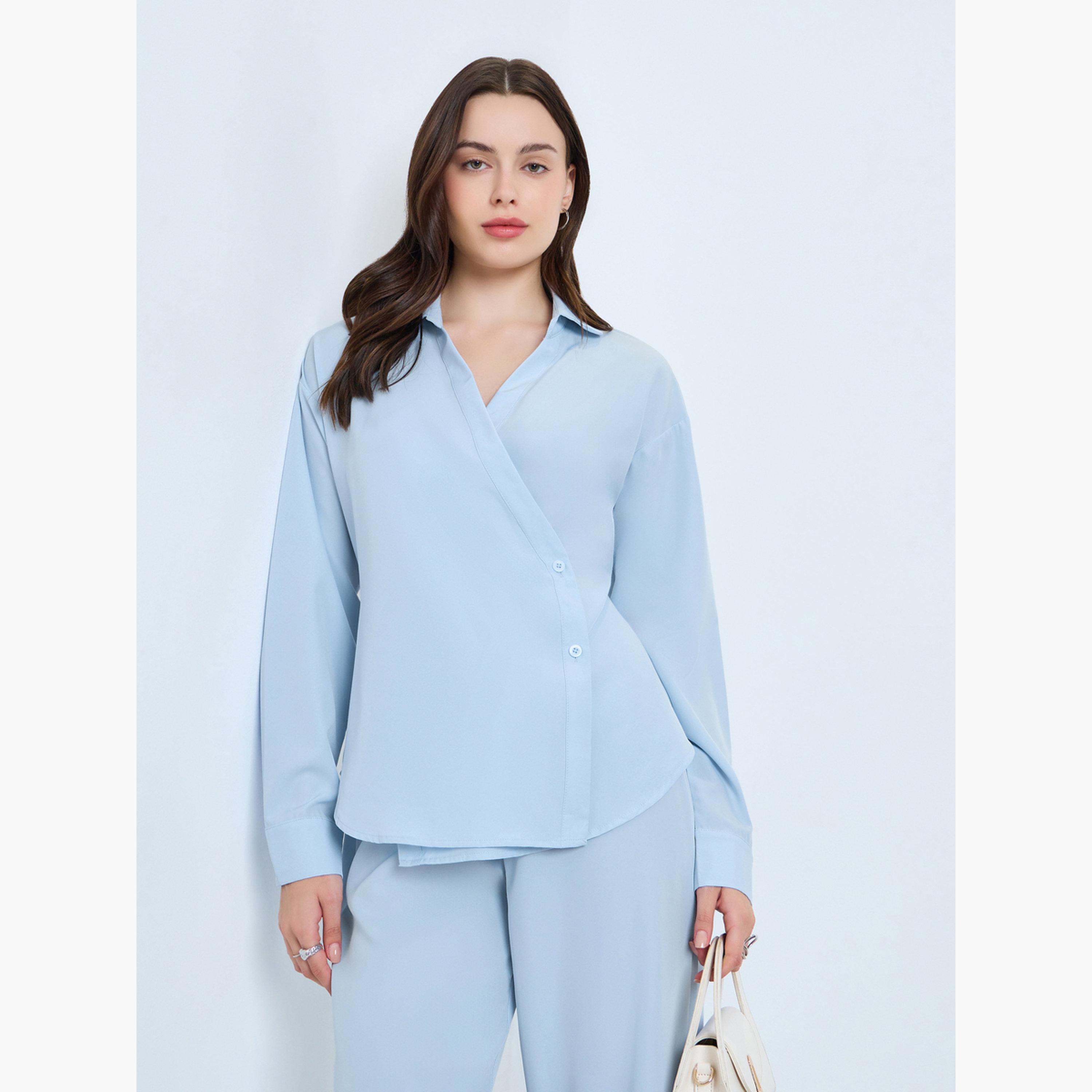 Styli Blue Wrap Front Shirt and Trousers Co-Ords-women-clothing-coordsets-image-2
