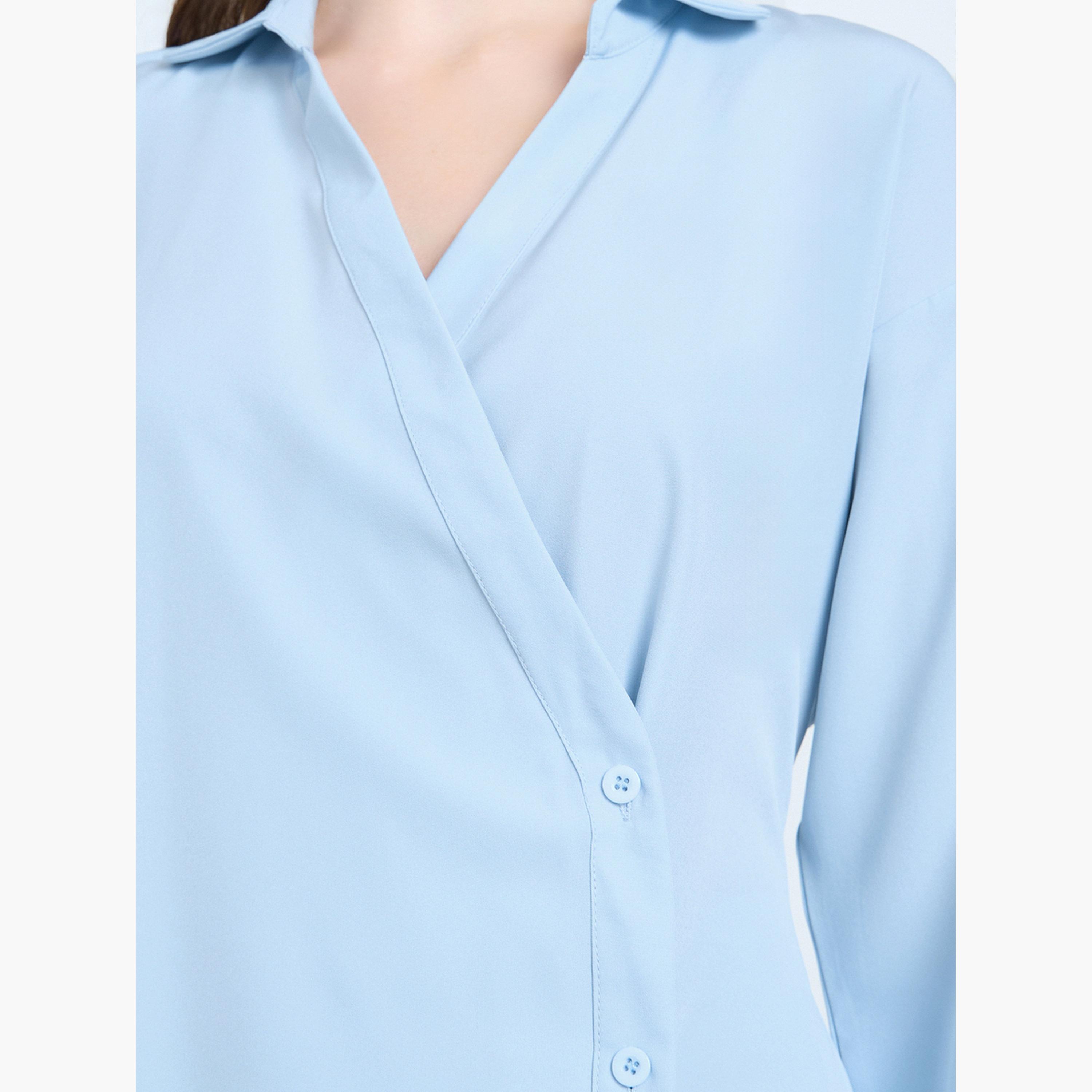 Styli Blue Wrap Front Shirt and Trousers Co-Ords-women-clothing-coordsets-image-3
