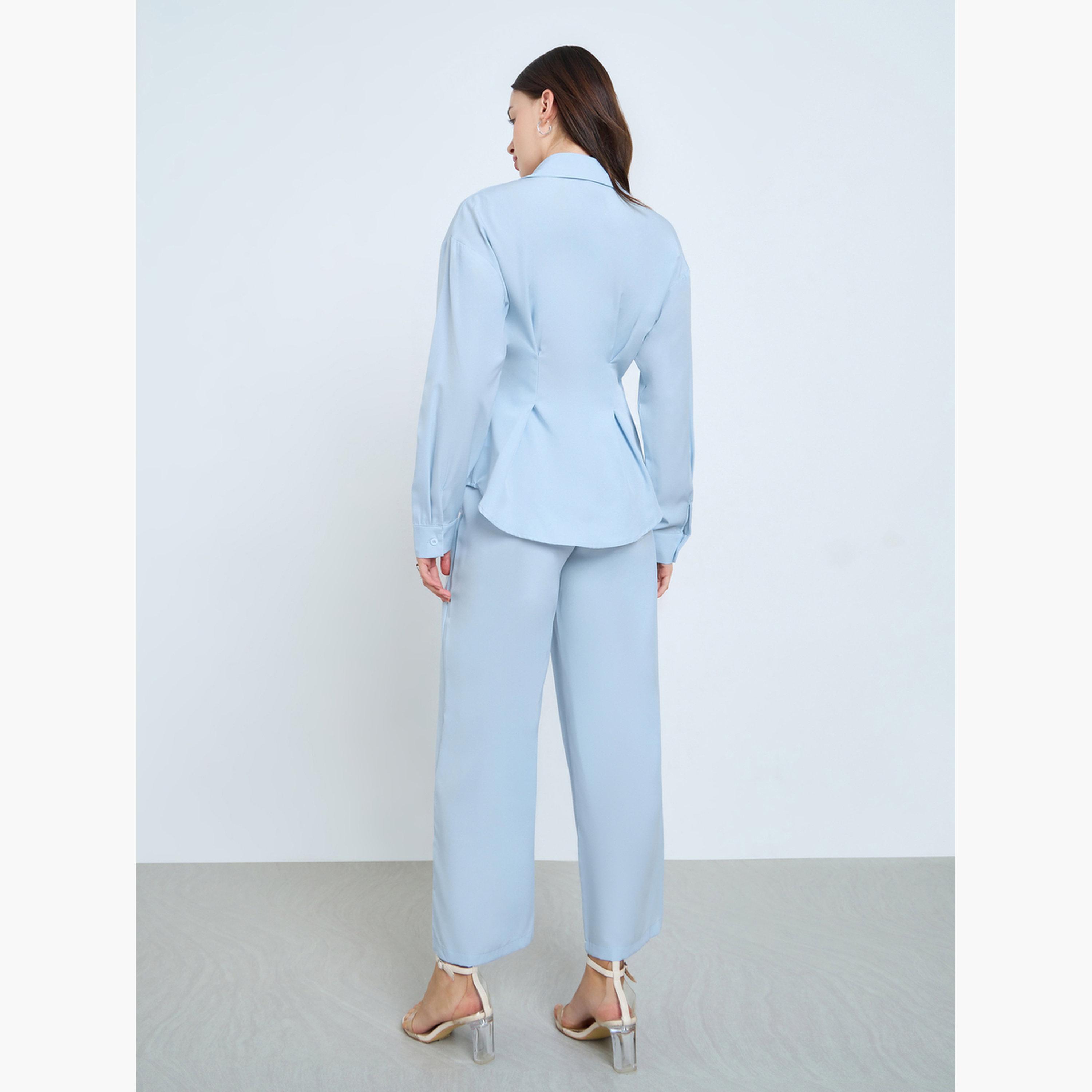 Styli Blue Wrap Front Shirt and Trousers Co-Ords-women-clothing-coordsets-image-5