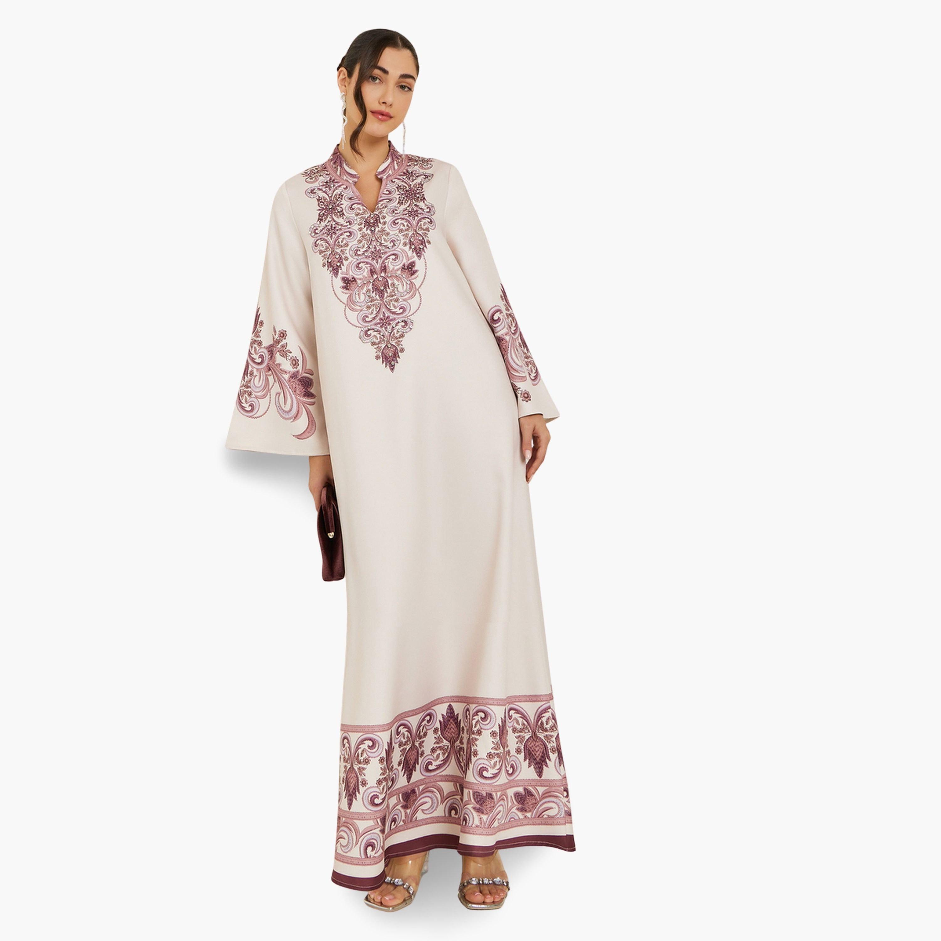 Styli Women Beige Placement Print A-Line Jalabiya-women-arabicclothing-jalabiyas-image-1