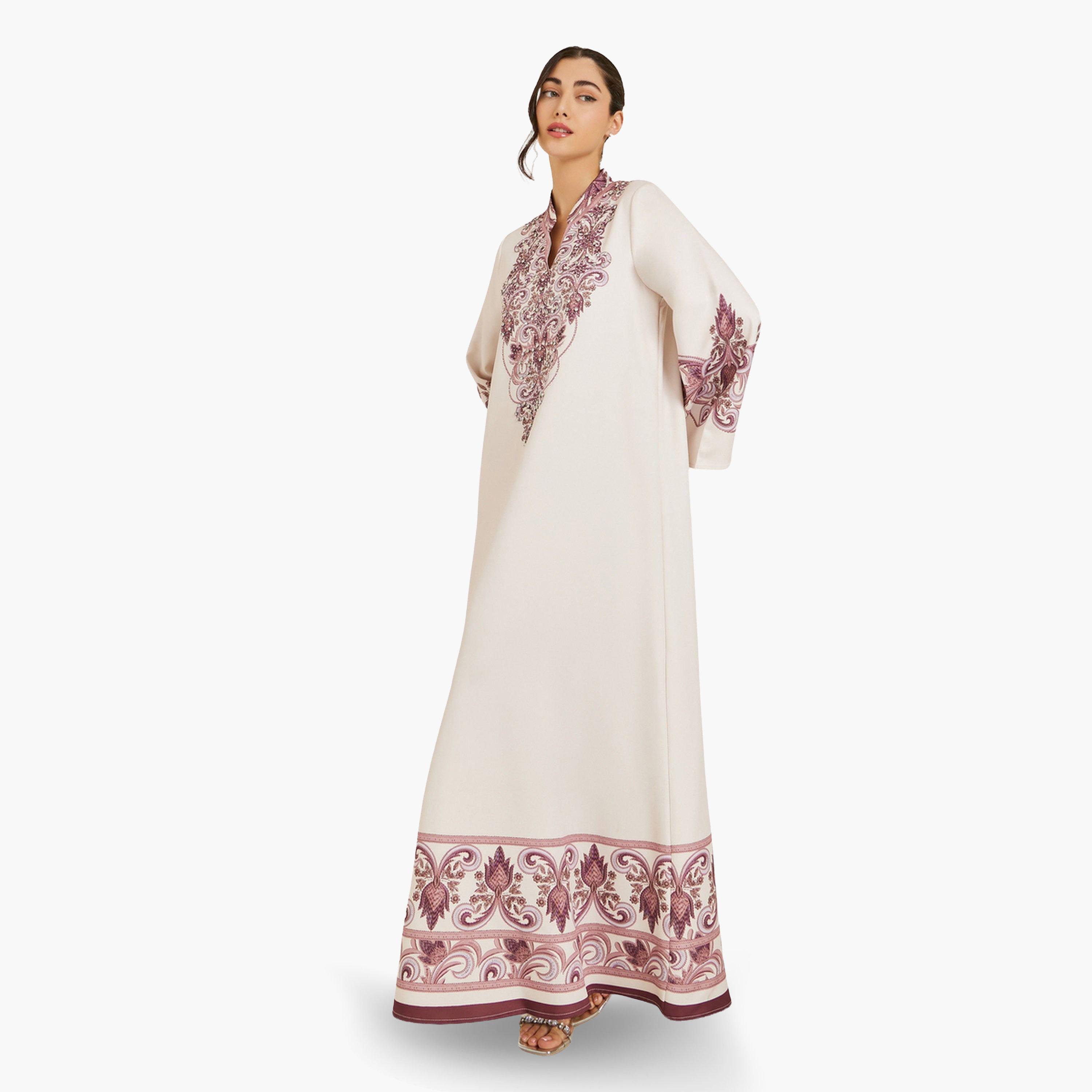 Styli Women Beige Placement Print A-Line Jalabiya-women-arabicclothing-jalabiyas-image-3