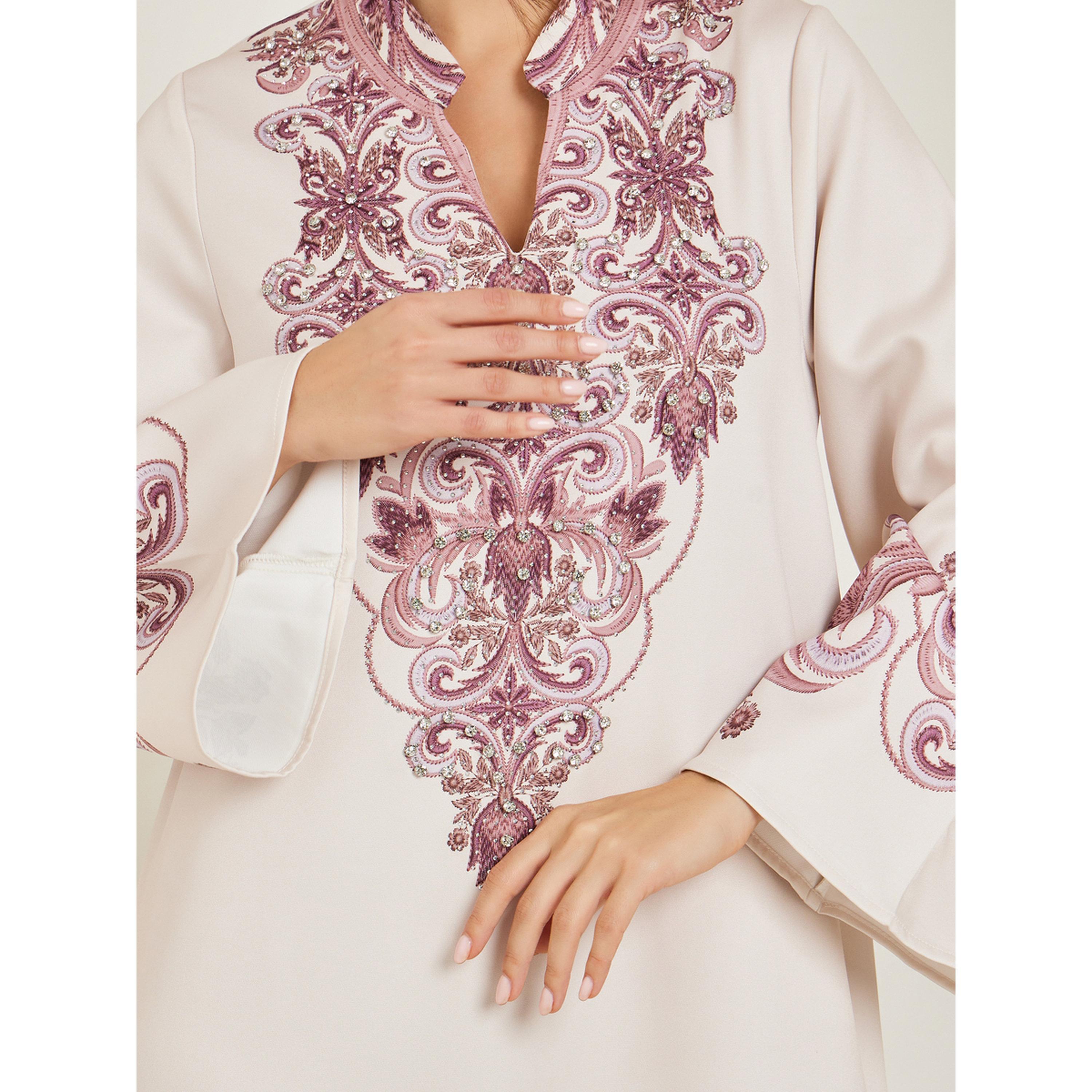 جلابية بيج بطبعة موضعية بحافة واسعة-women-arabicclothing-jalabiyas-image-4