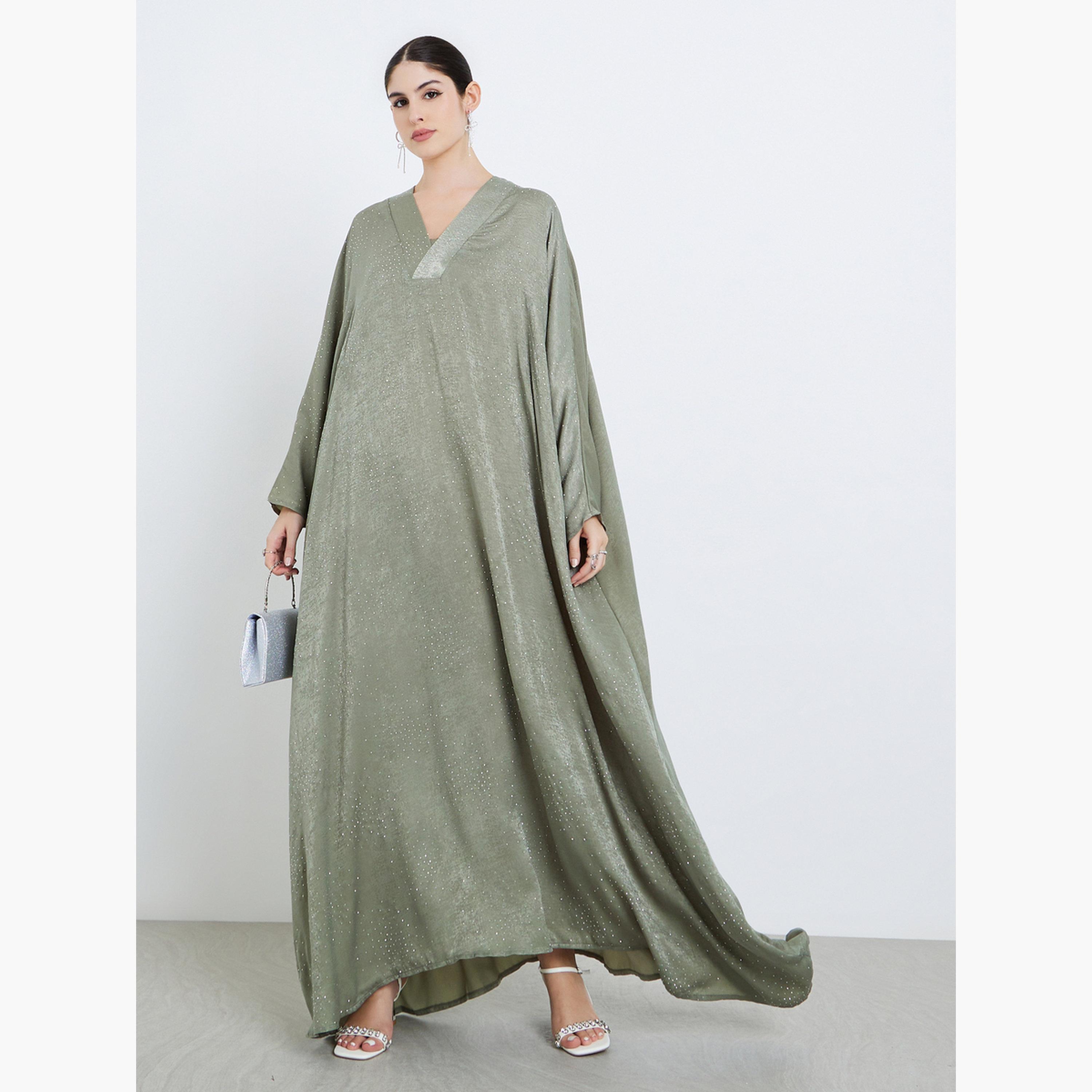 أميرة x ستايلي V جلابية ساتان بحافة واسعة وياقة-women-arabicclothing-jalabiyas-image-1