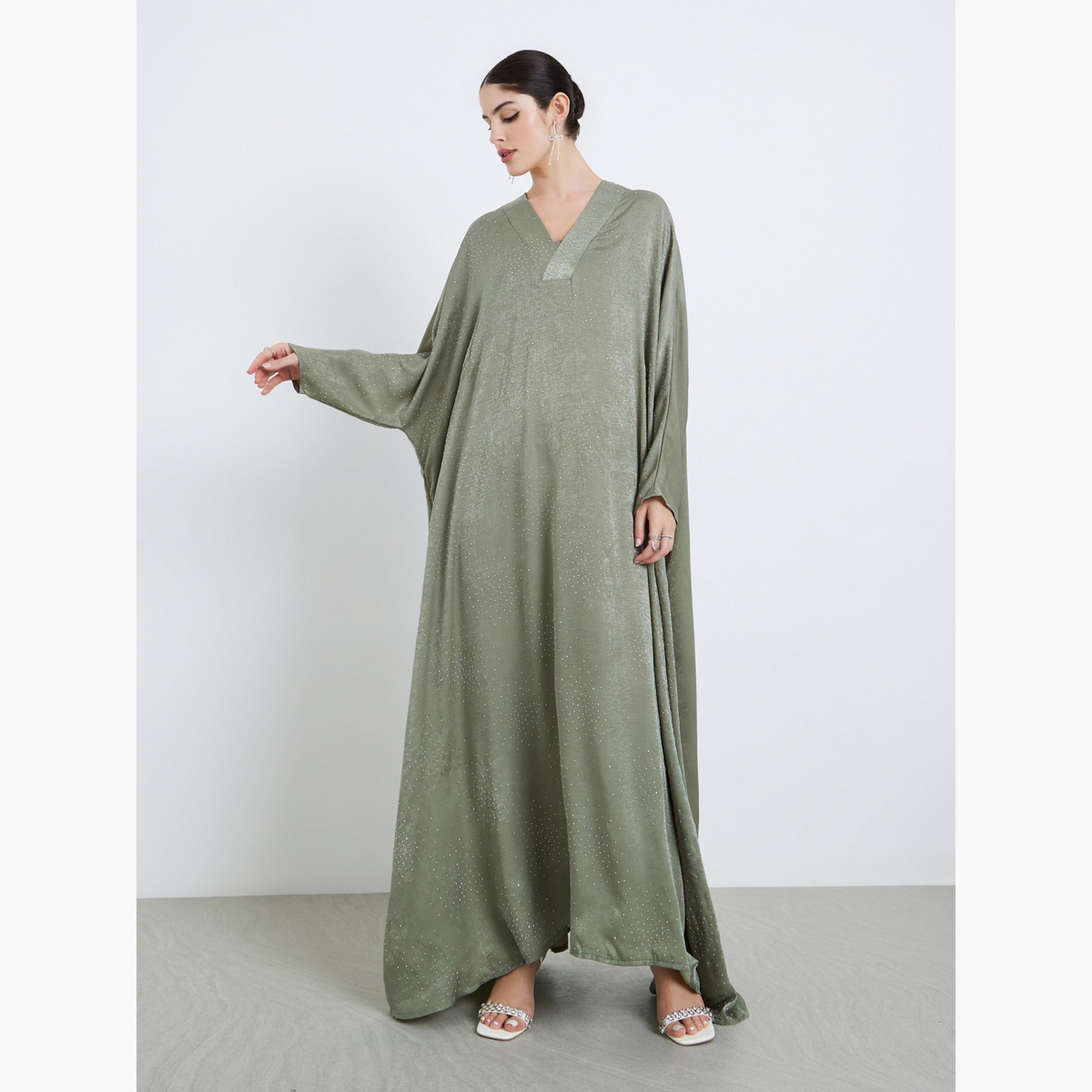 Amirah X Styli Women Green Satin V-Neck A-Line Jalabiya-women-arabicclothing-jalabiyas-image-3