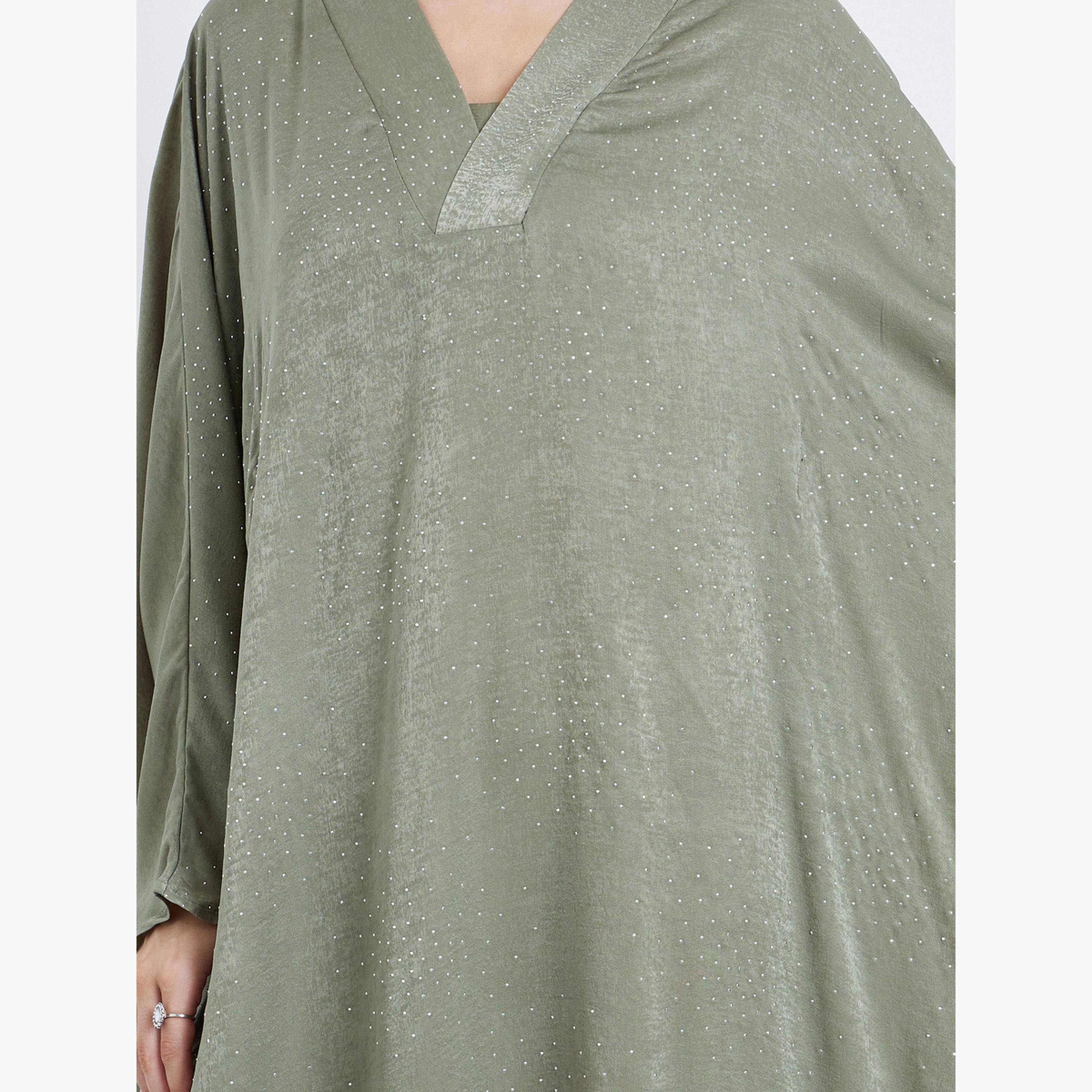 Amirah X Styli Women Green Satin V-Neck A-Line Jalabiya-women-arabicclothing-jalabiyas-image-4