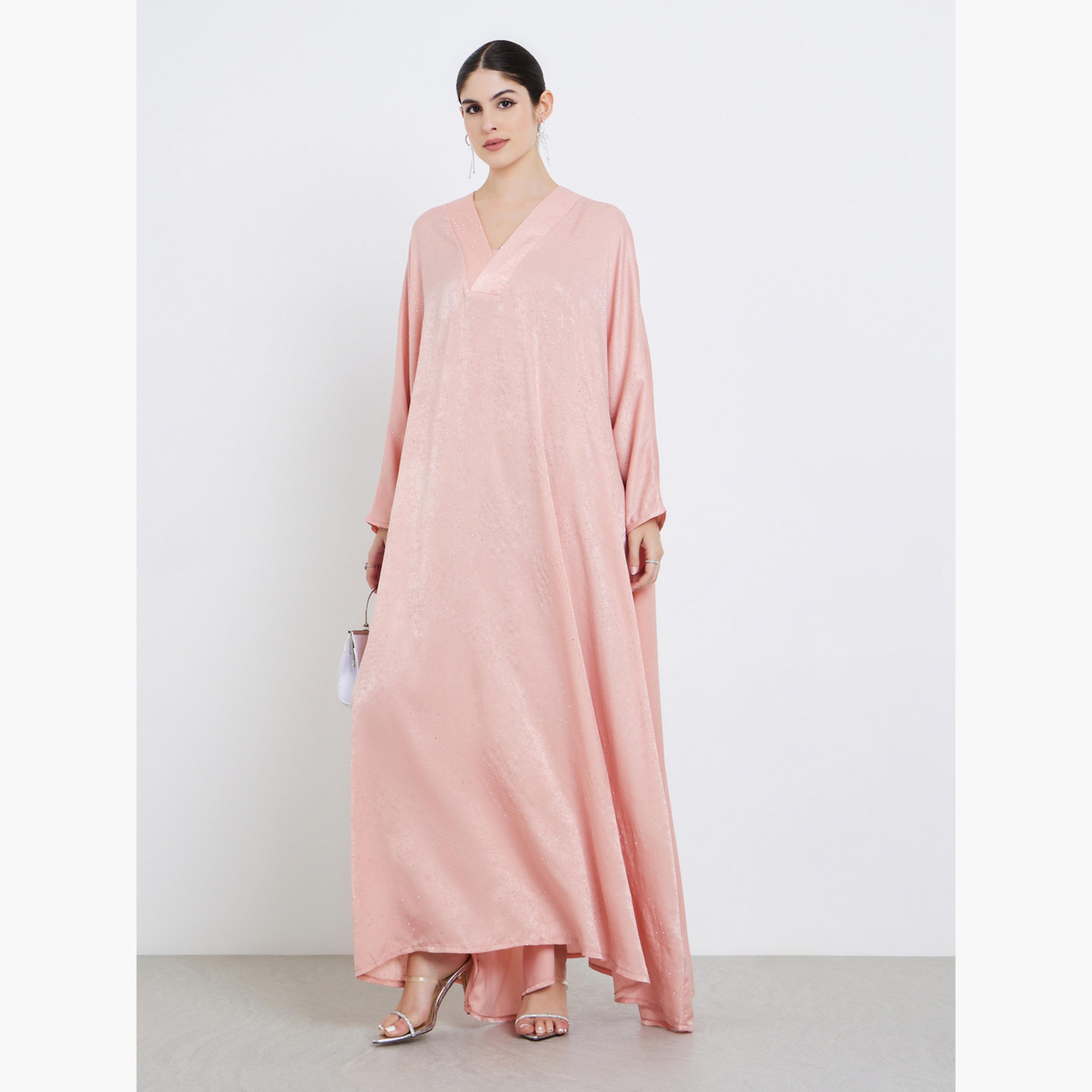 Amirah X Styli Women Pink Satin V-Neck A-Line Jalabiya-women-arabicclothing-jalabiyas-image-1