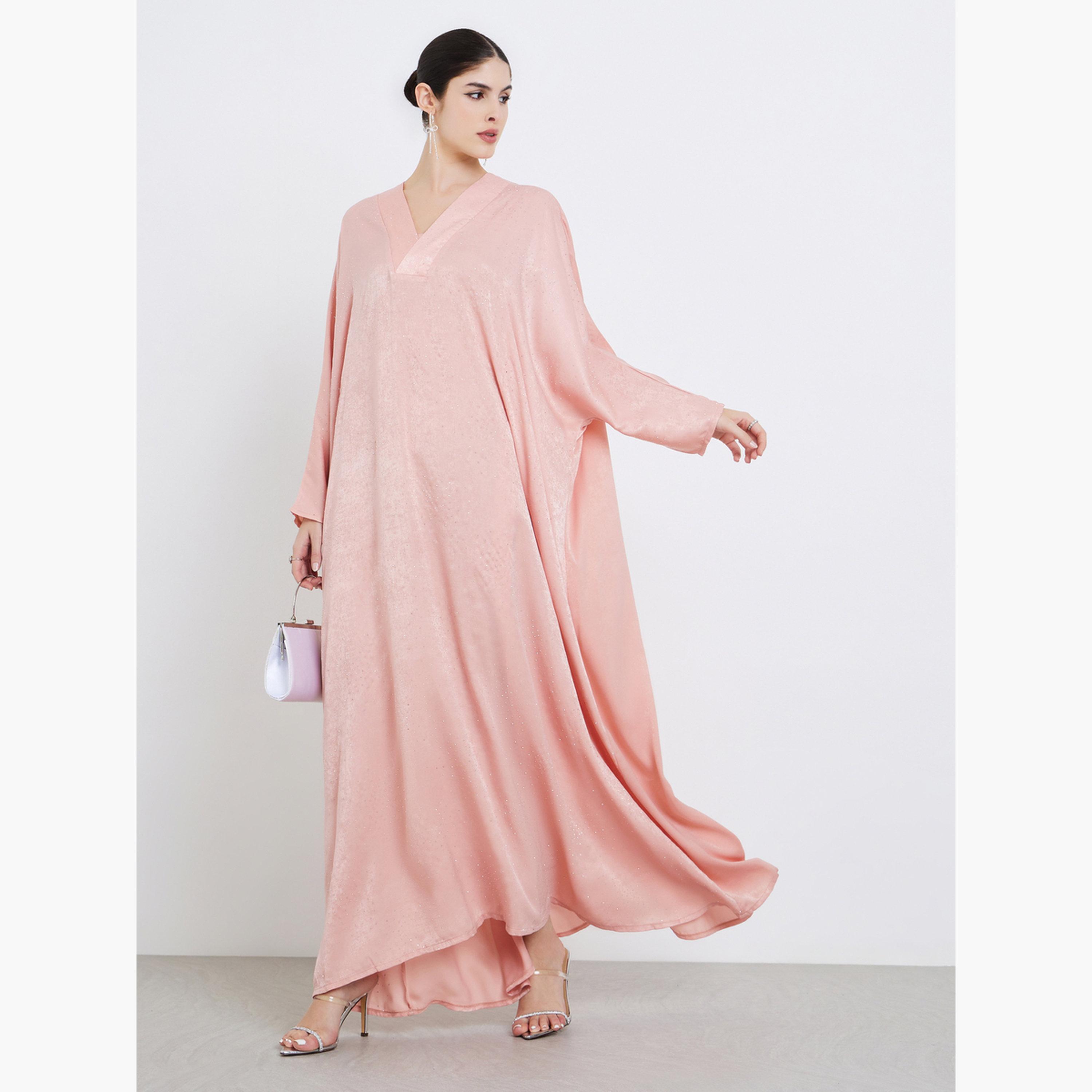 Amirah X Styli Women Pink Satin V-Neck A-Line Jalabiya-women-arabicclothing-jalabiyas-image-2