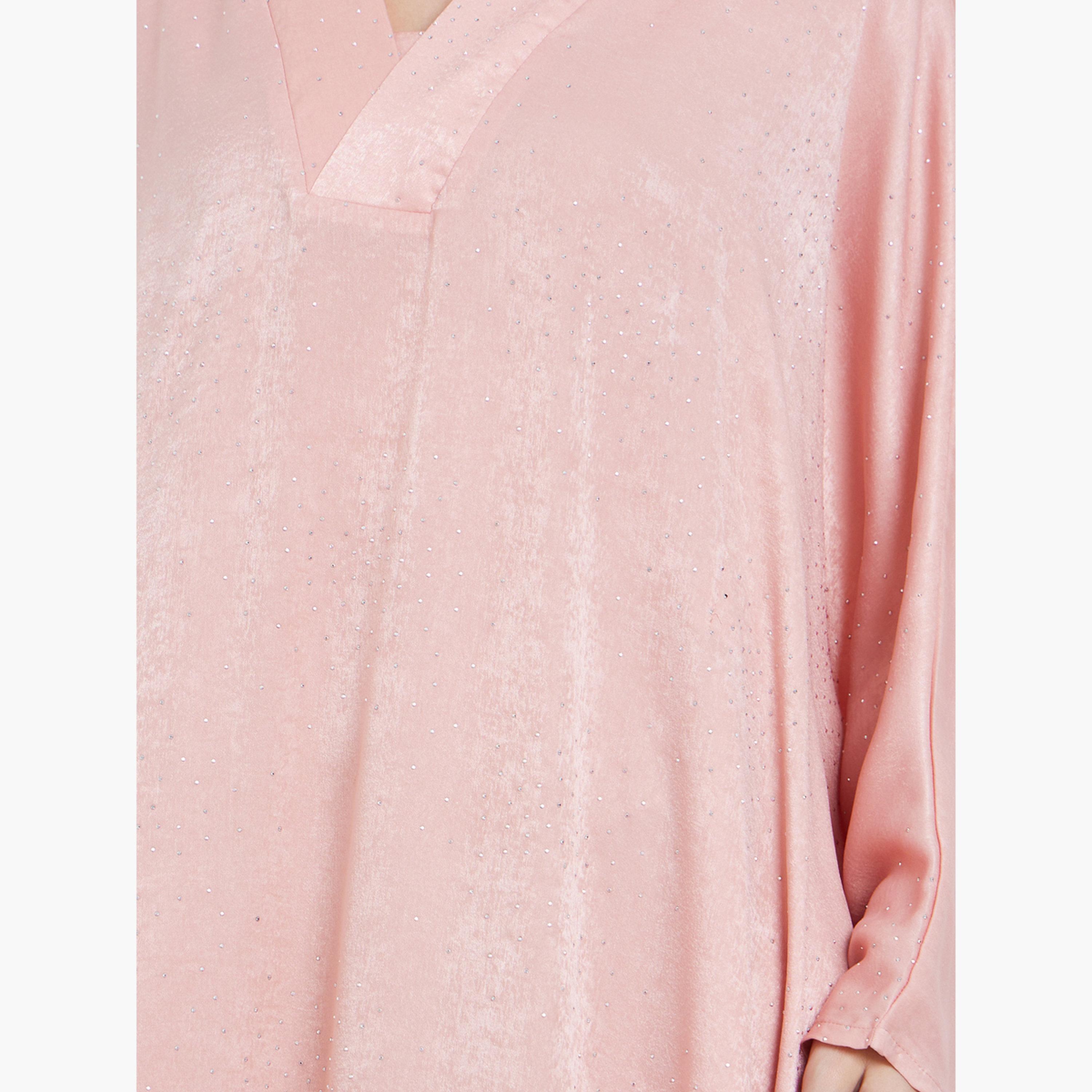 Amirah X Styli Women Pink Satin V-Neck A-Line Jalabiya-women-arabicclothing-jalabiyas-image-4