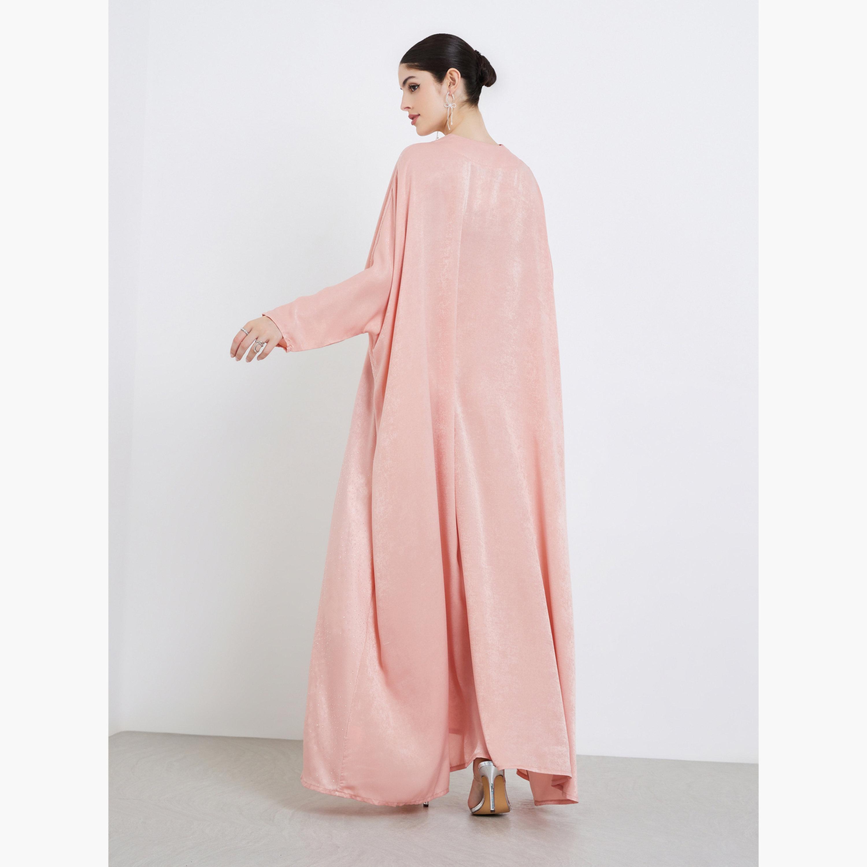 Amirah X Styli Women Pink Satin V-Neck A-Line Jalabiya-women-arabicclothing-jalabiyas-image-5