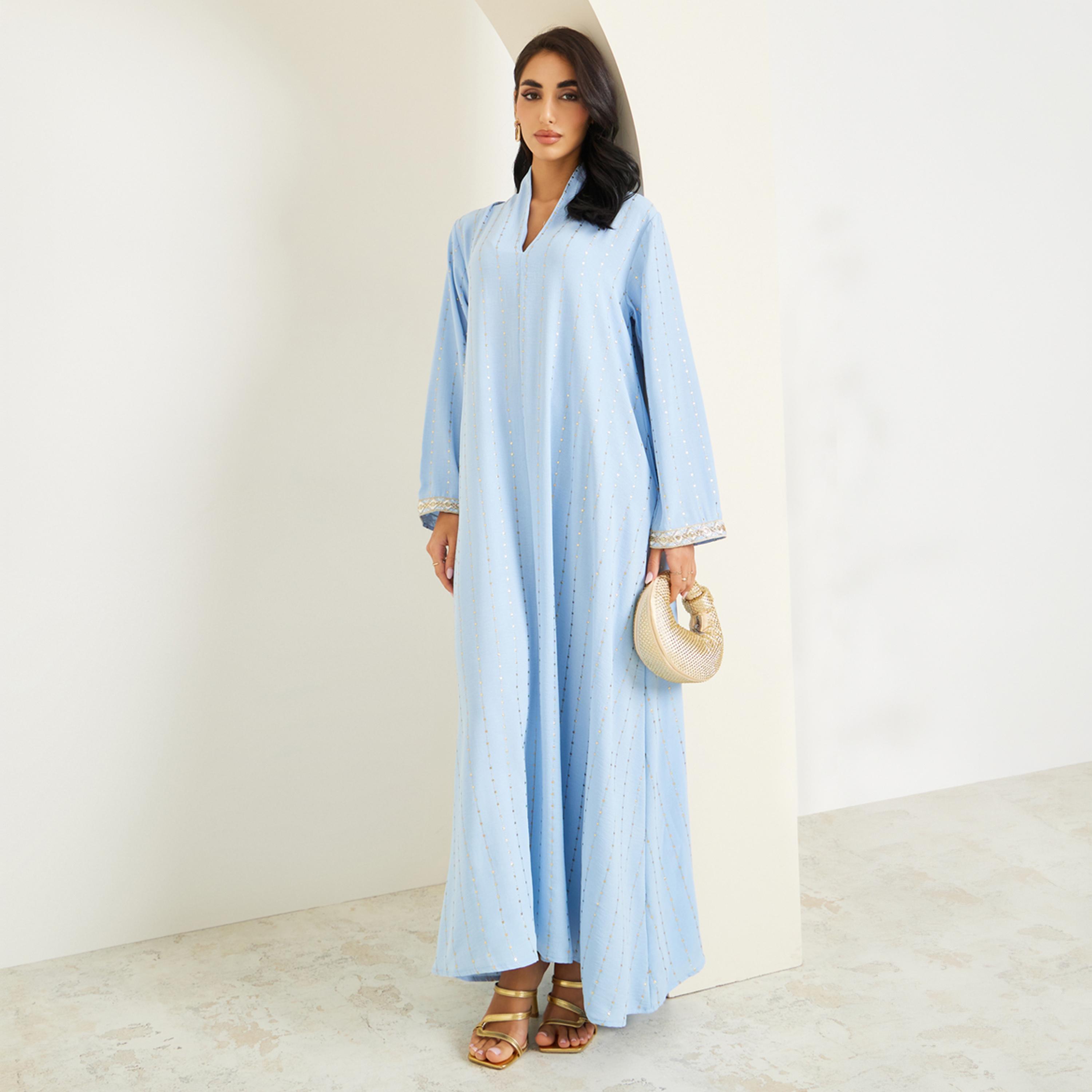 Amirah X Styli Women Foil Print Jalabiya with Lace Sleeve-women-arabicclothing-jalabiyas-image-1
