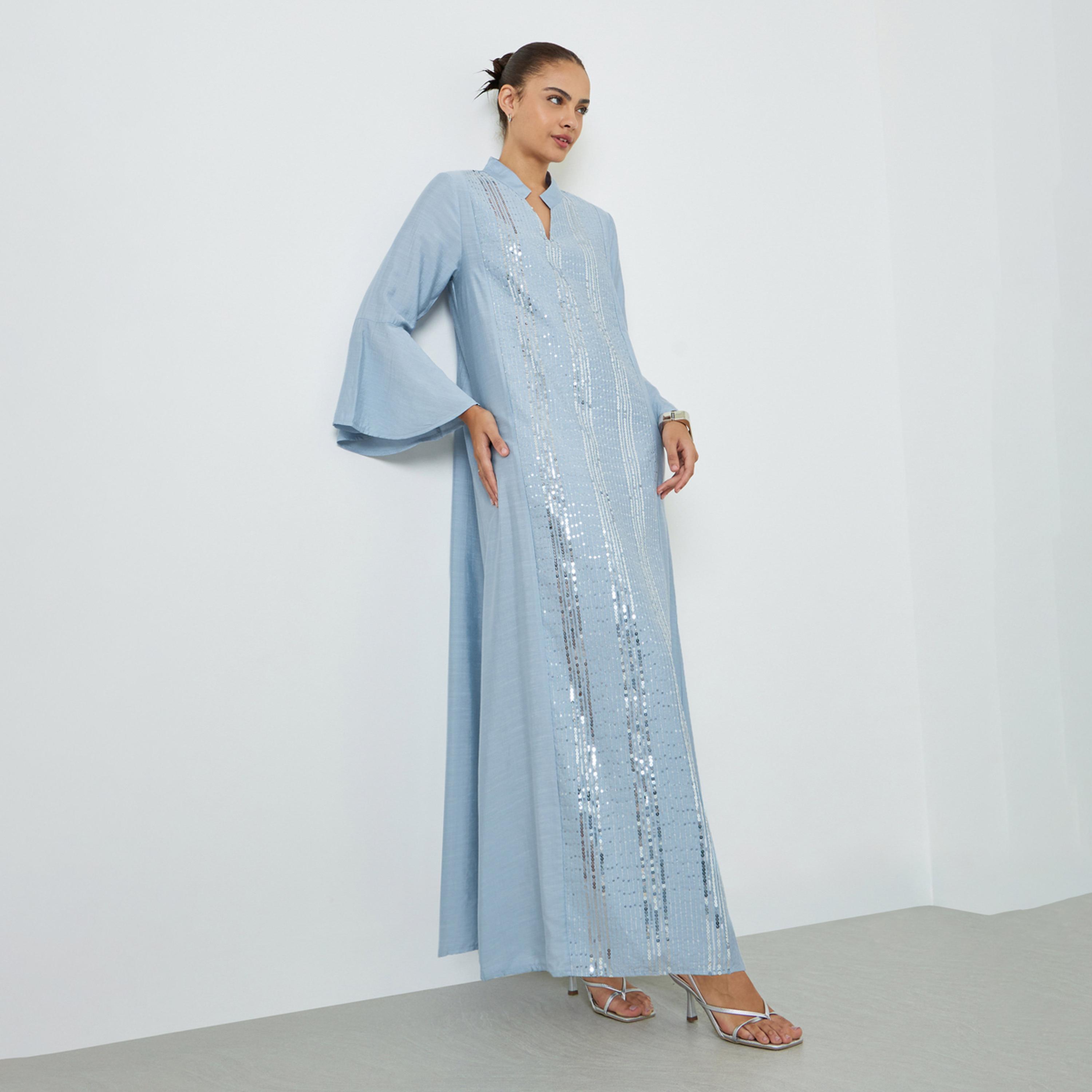 جلابية بأكمام جرس ومطرزة بالترتر الفاتح-women-arabicclothing-jalabiyas-image-1
