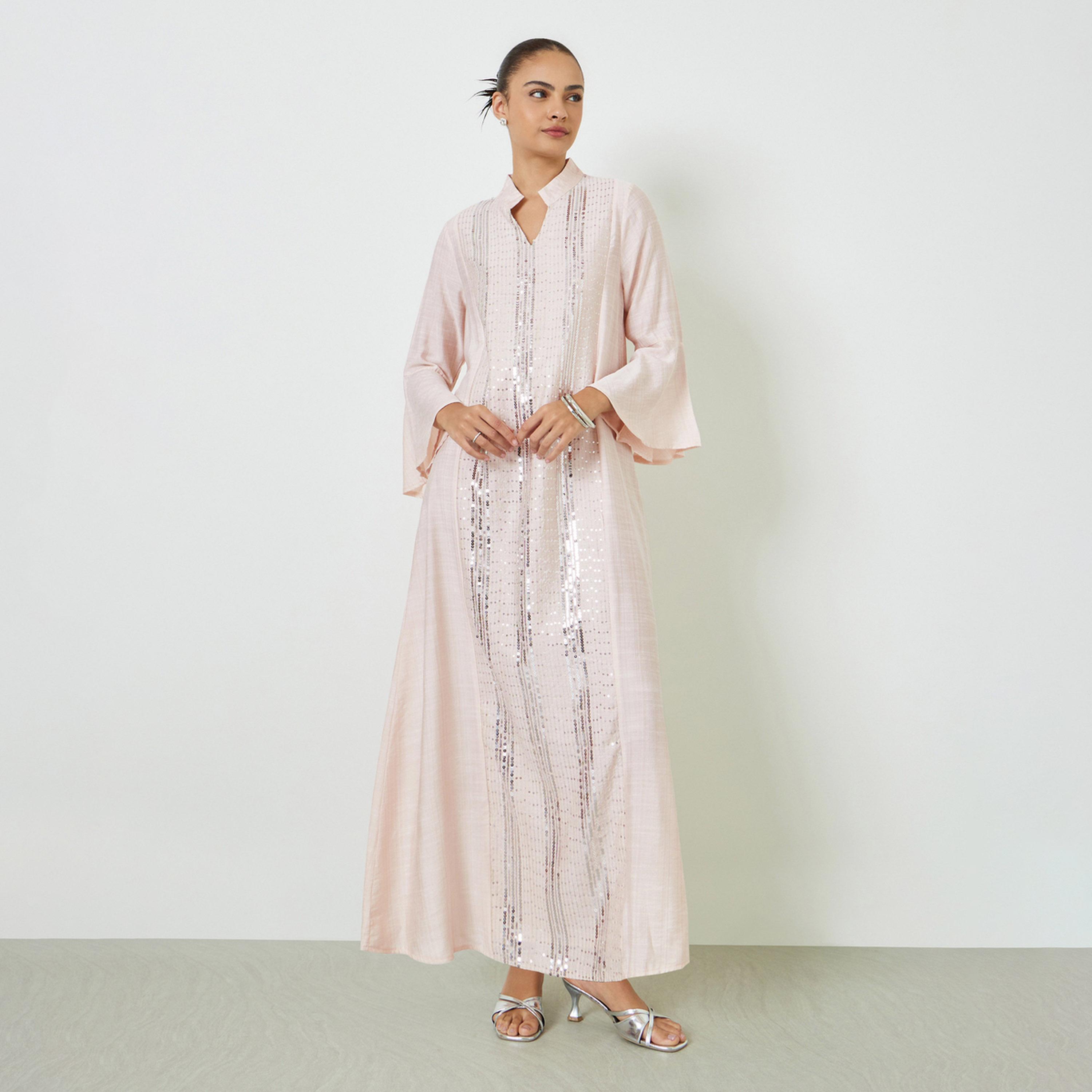 Amirah X Styli Light Pink Sequin Embroidered Jalabiya-women-arabicclothing-jalabiyas-image-1