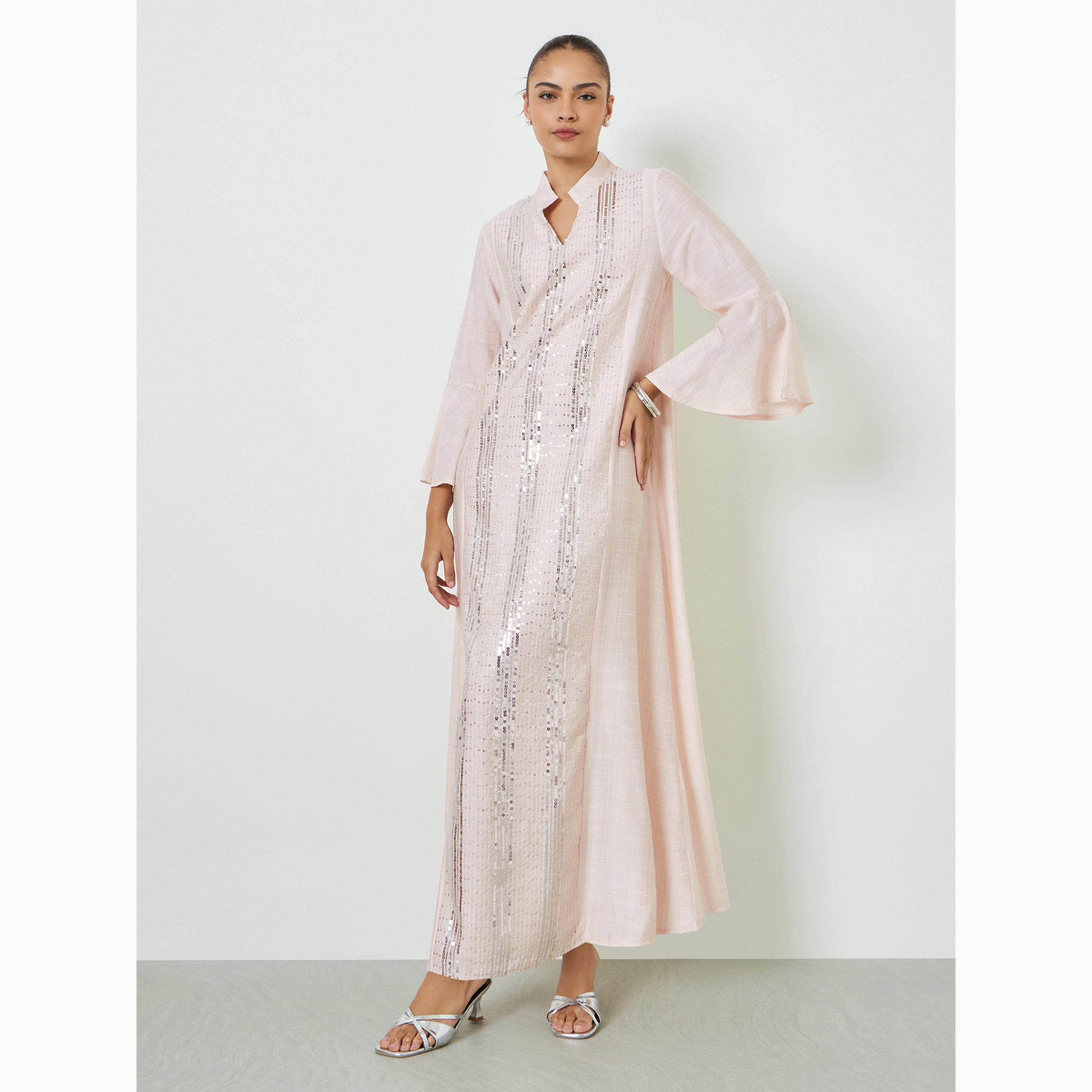 جلابية وردية فاتحة مطرزة بالترتر-women-arabicclothing-jalabiyas-image-3