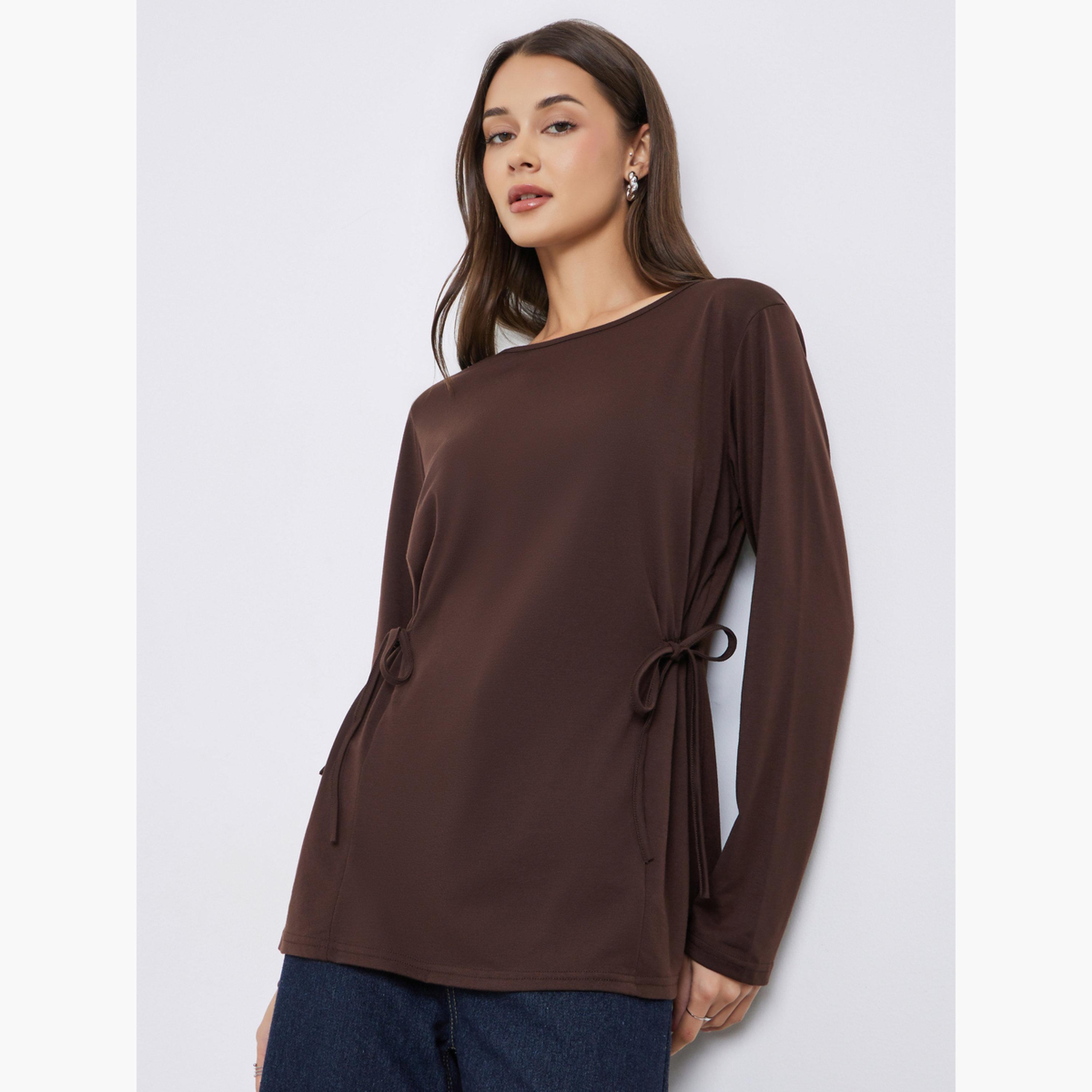 ستايلي - بلوزة محبوكة فضفاضة سادة مع أربطة-women-clothing-tshirts-image-1
