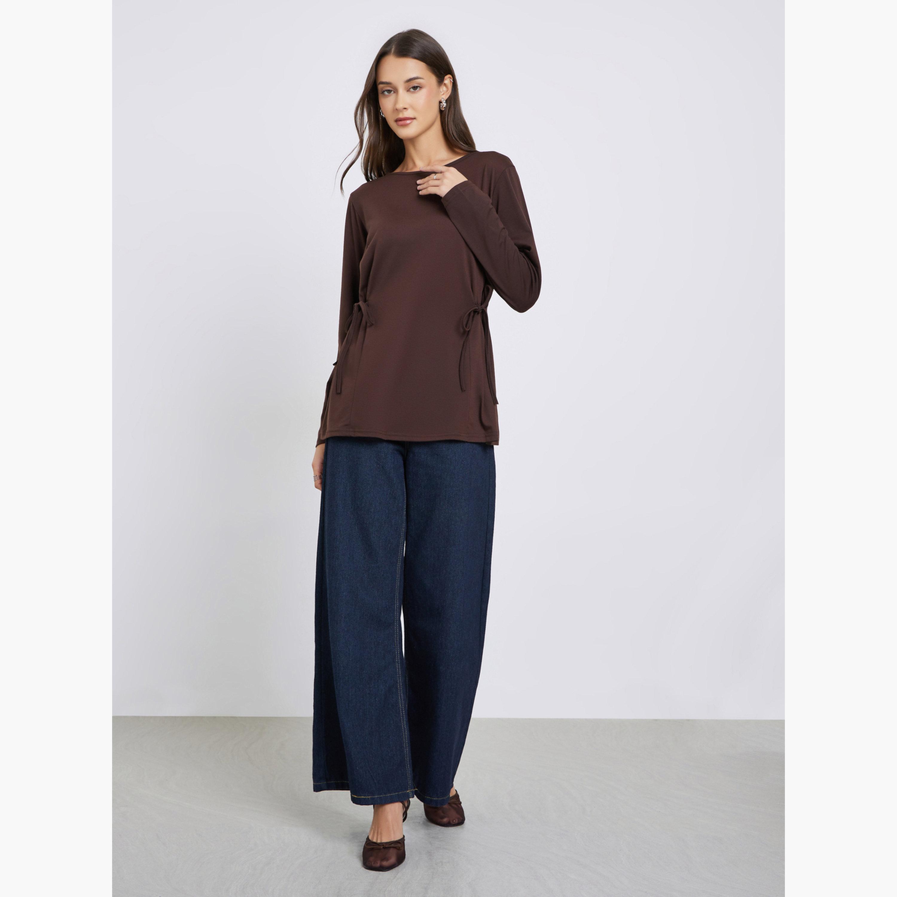 ستايلي - بلوزة محبوكة فضفاضة سادة مع أربطة-women-clothing-tshirts-image-2