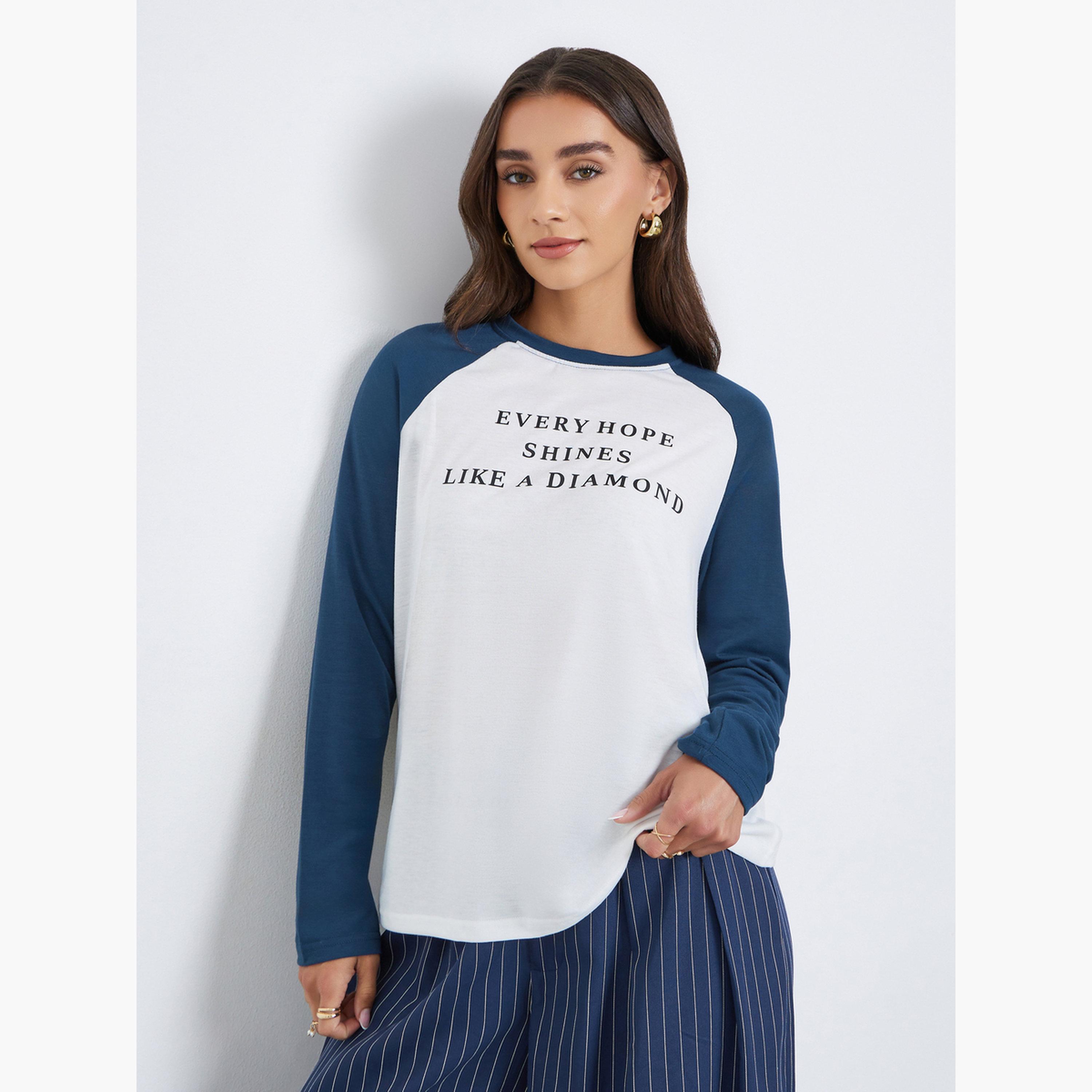 Styli Slogan Print Raglan Sleeve T-Shirt-women-clothing-tshirts-image-1