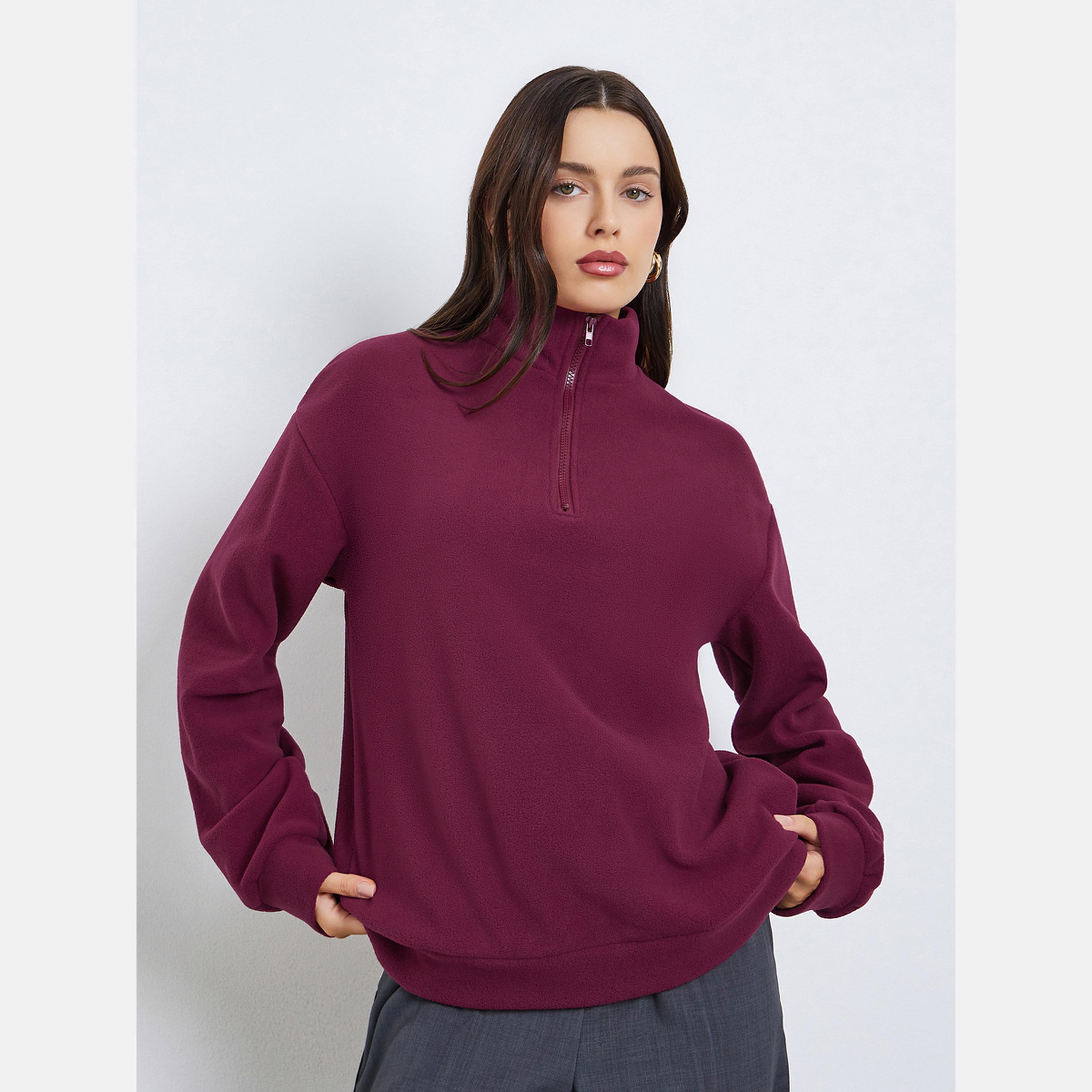 Styli Solid Collared Long Sleeves Women's Sweatshirt-women-winterwear-hoodiesandsweatshirts-sweatshirts-image-1