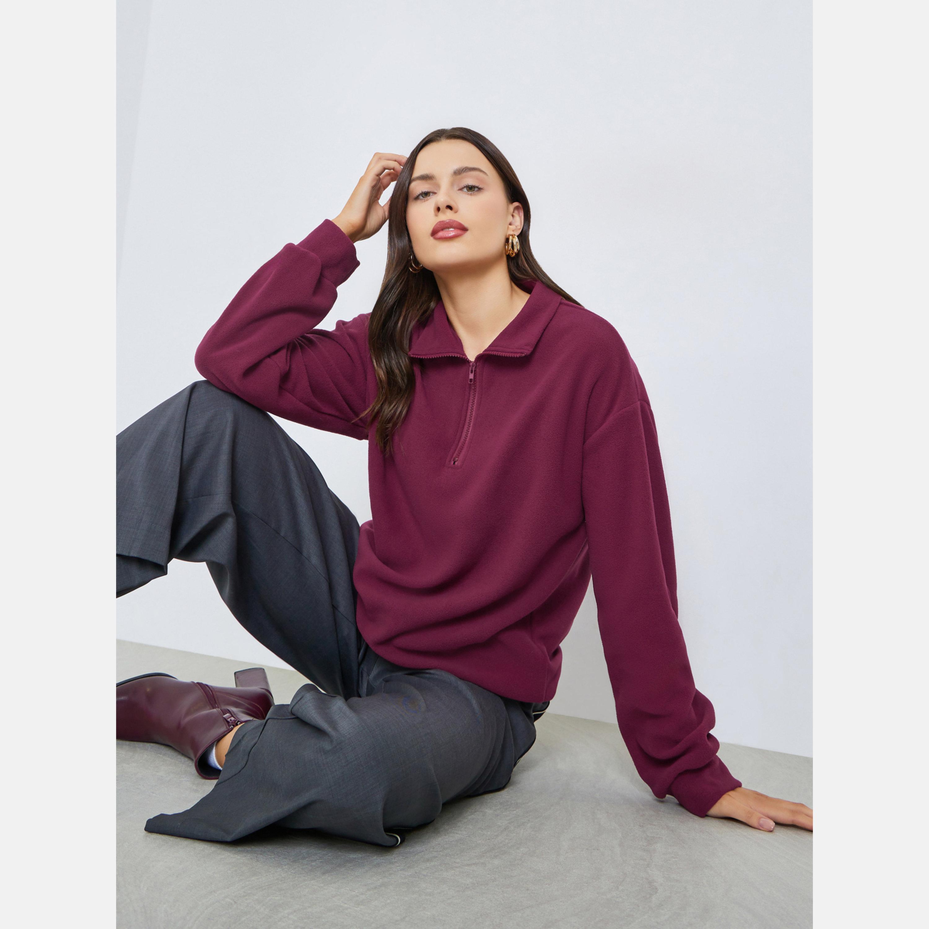 Styli Solid Collared Long Sleeves Women's Sweatshirt-women-winterwear-hoodiesandsweatshirts-sweatshirts-image-3