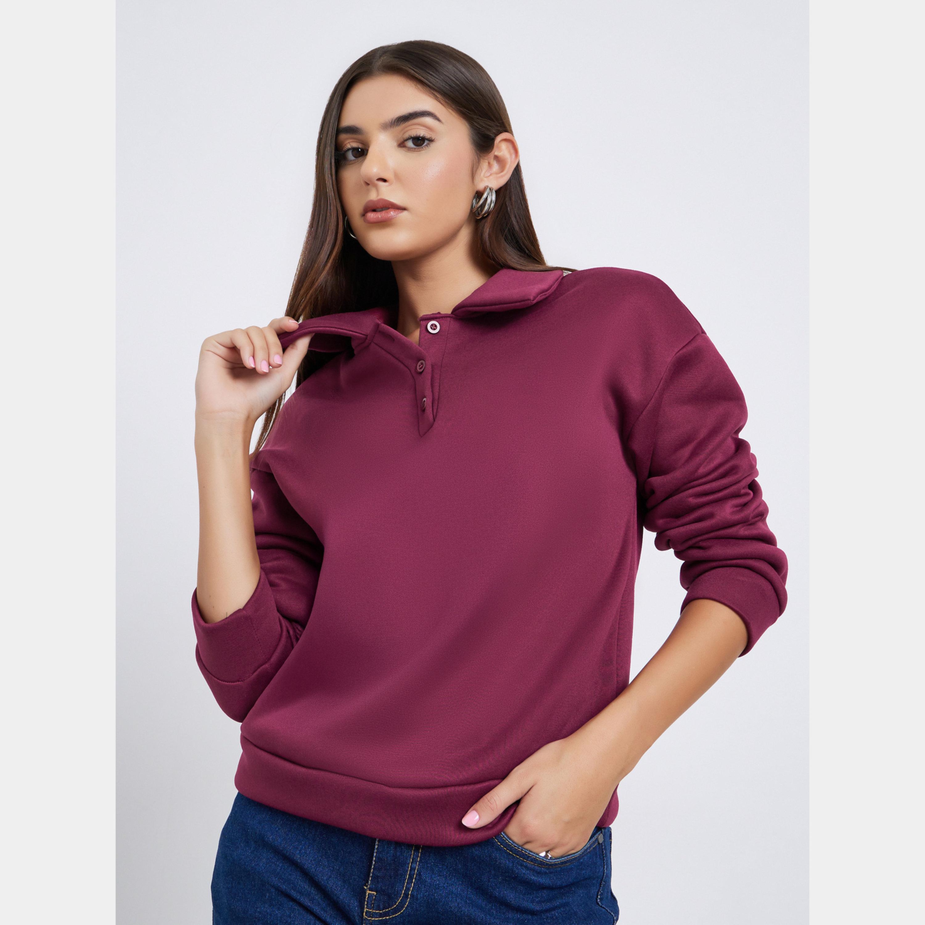 Styli Women Burgundy Solid Oversized Collared Sweatshirt-women-winterwear-hoodiesandsweatshirts-sweatshirts-image-1
