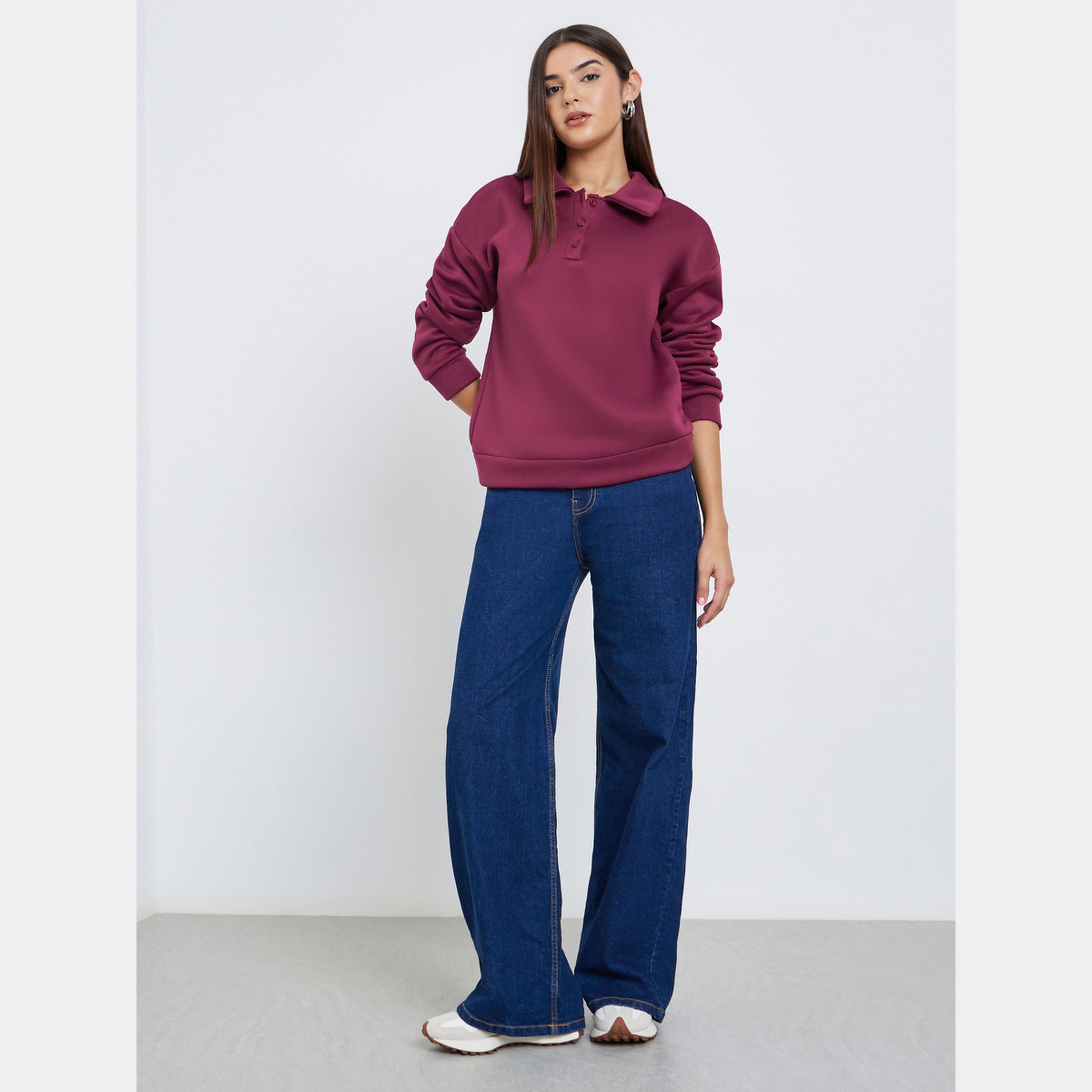 Styli Women Burgundy Solid Oversized Collared Sweatshirt-women-winterwear-hoodiesandsweatshirts-sweatshirts-image-2
