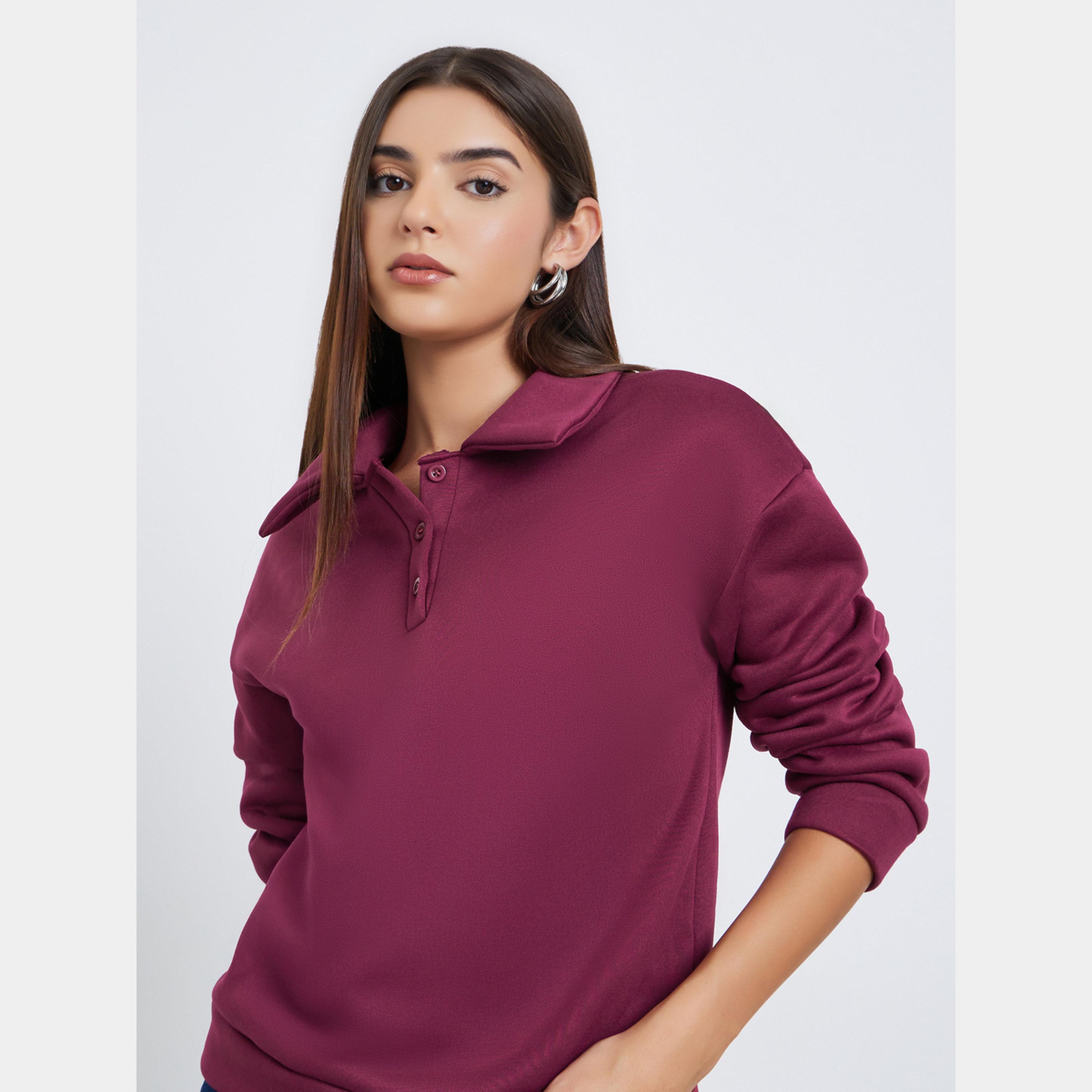 Styli Women Burgundy Solid Oversized Collared Sweatshirt-women-winterwear-hoodiesandsweatshirts-sweatshirts-image-3