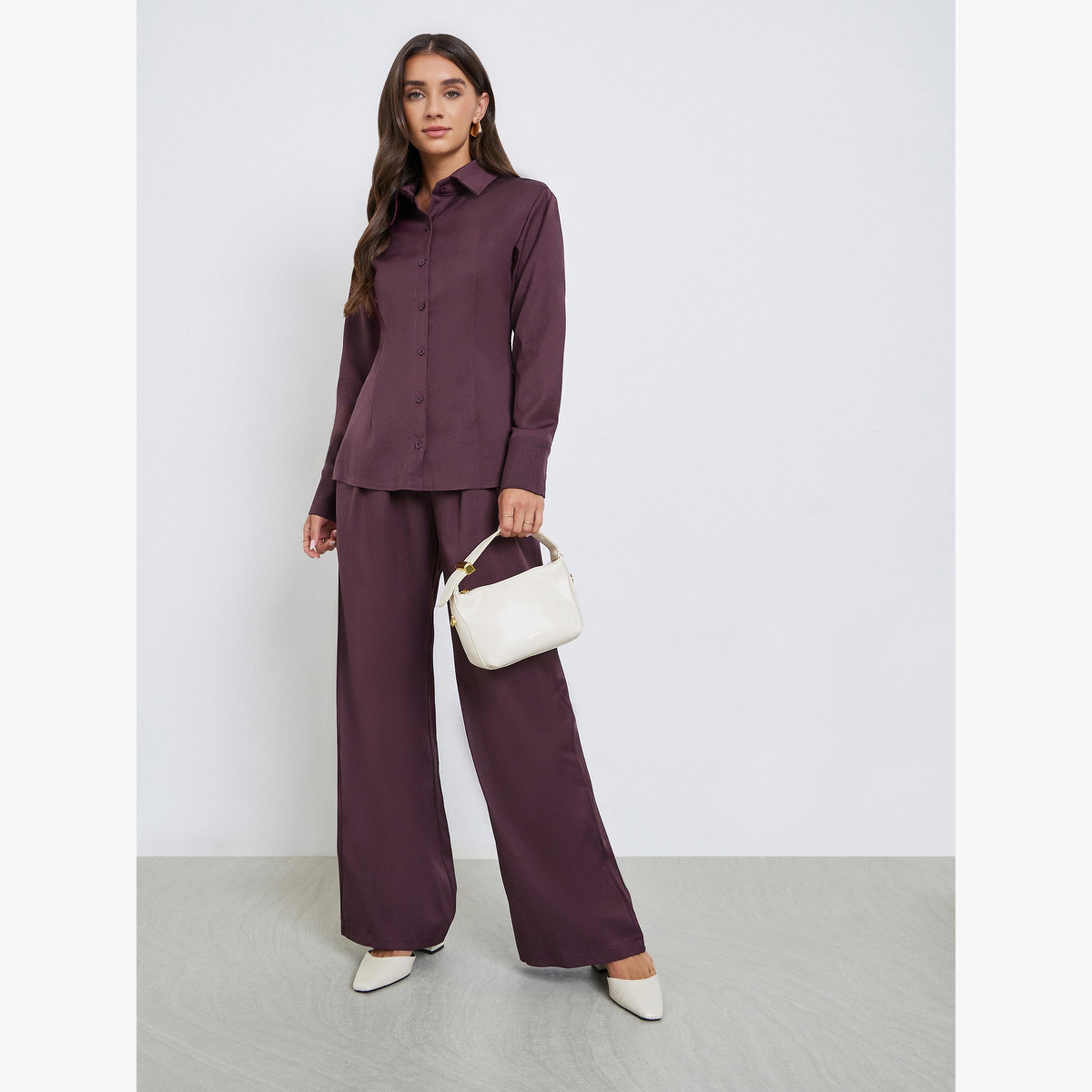 طقم منسق من قميص سادة وبنطال بأرجل واسعة-women-clothing-coordsets-image-1