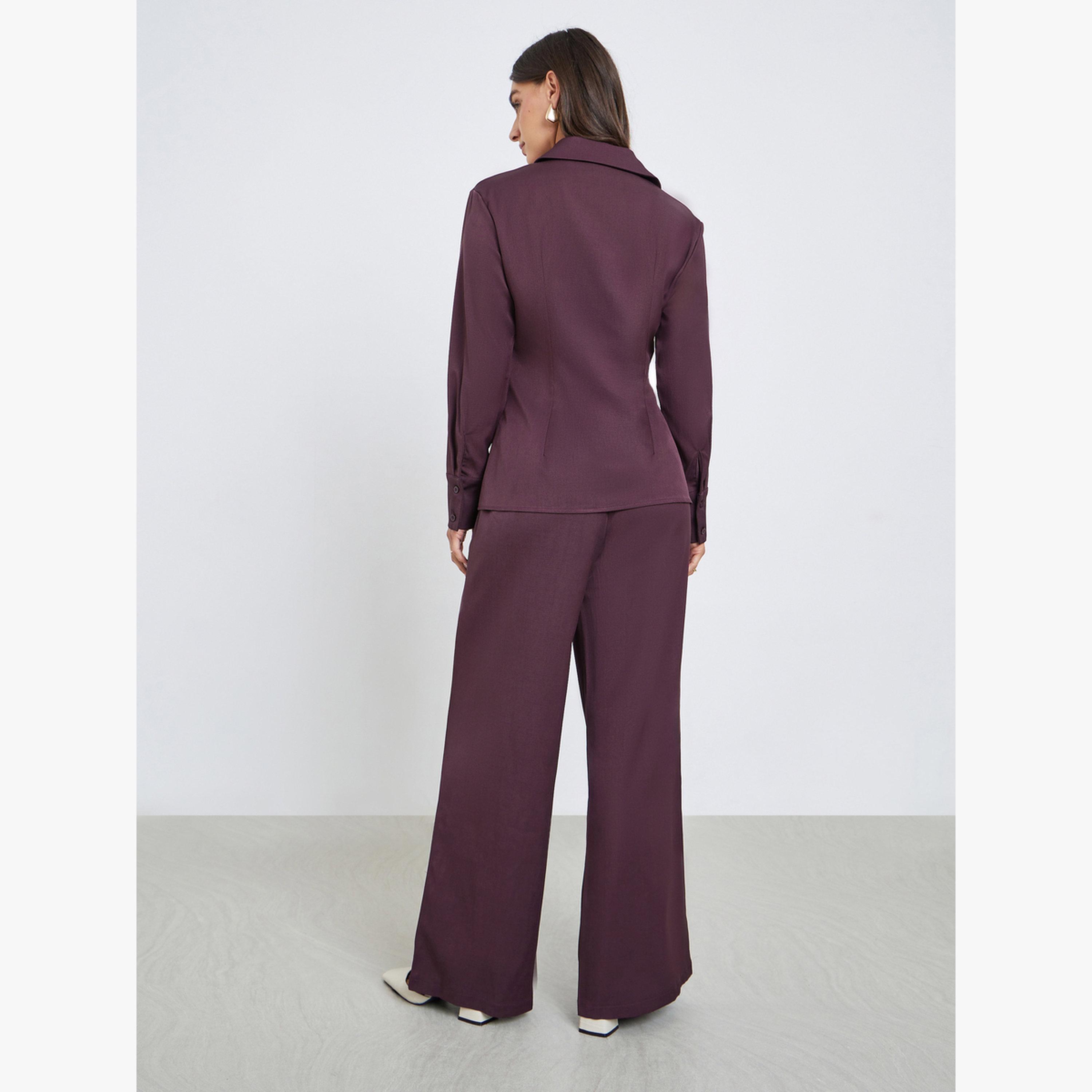 طقم منسق من قميص سادة وبنطال بأرجل واسعة-women-clothing-coordsets-image-6